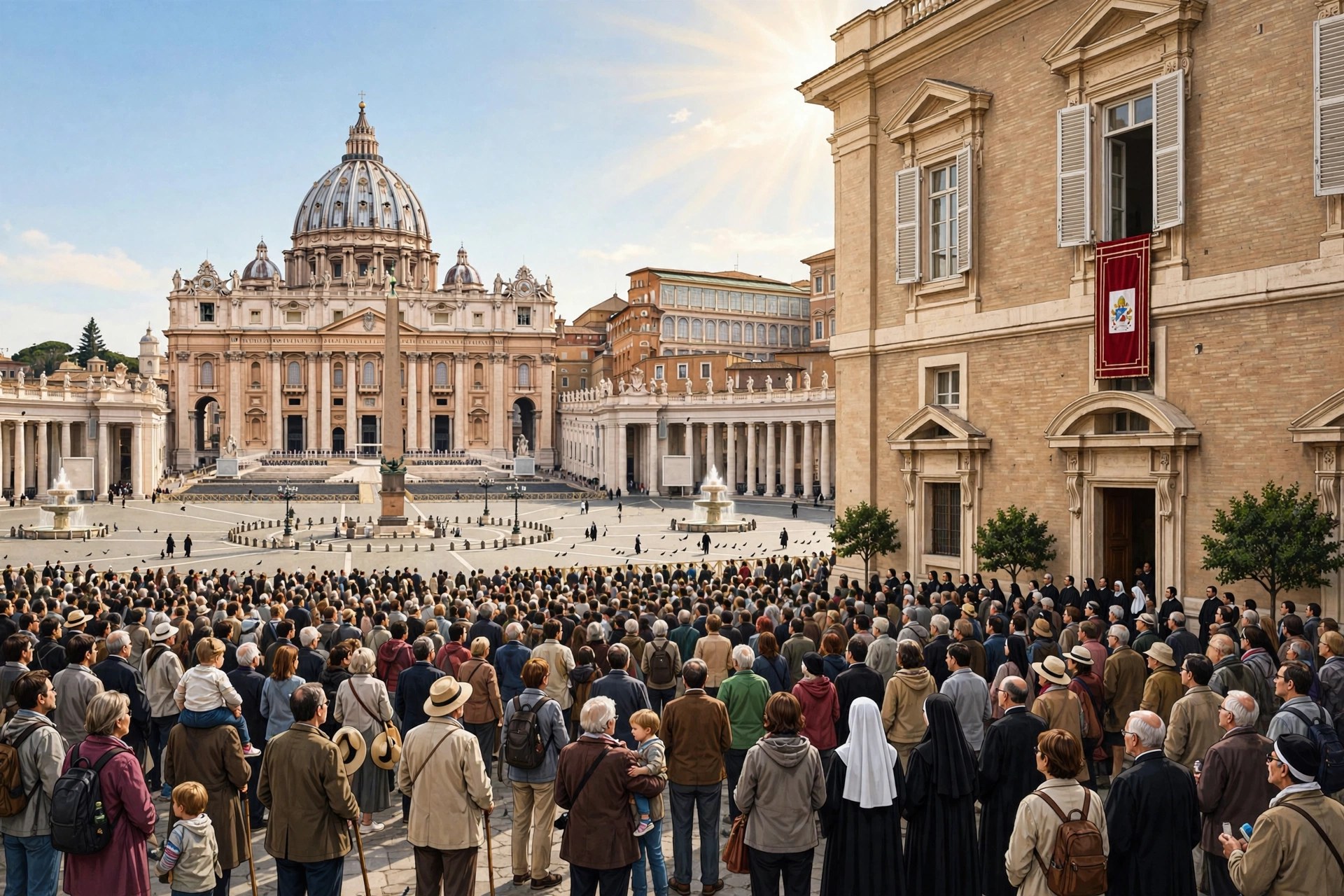 Editorial illustration: crowds gathered in St. Peter's Square on a Sunday morning