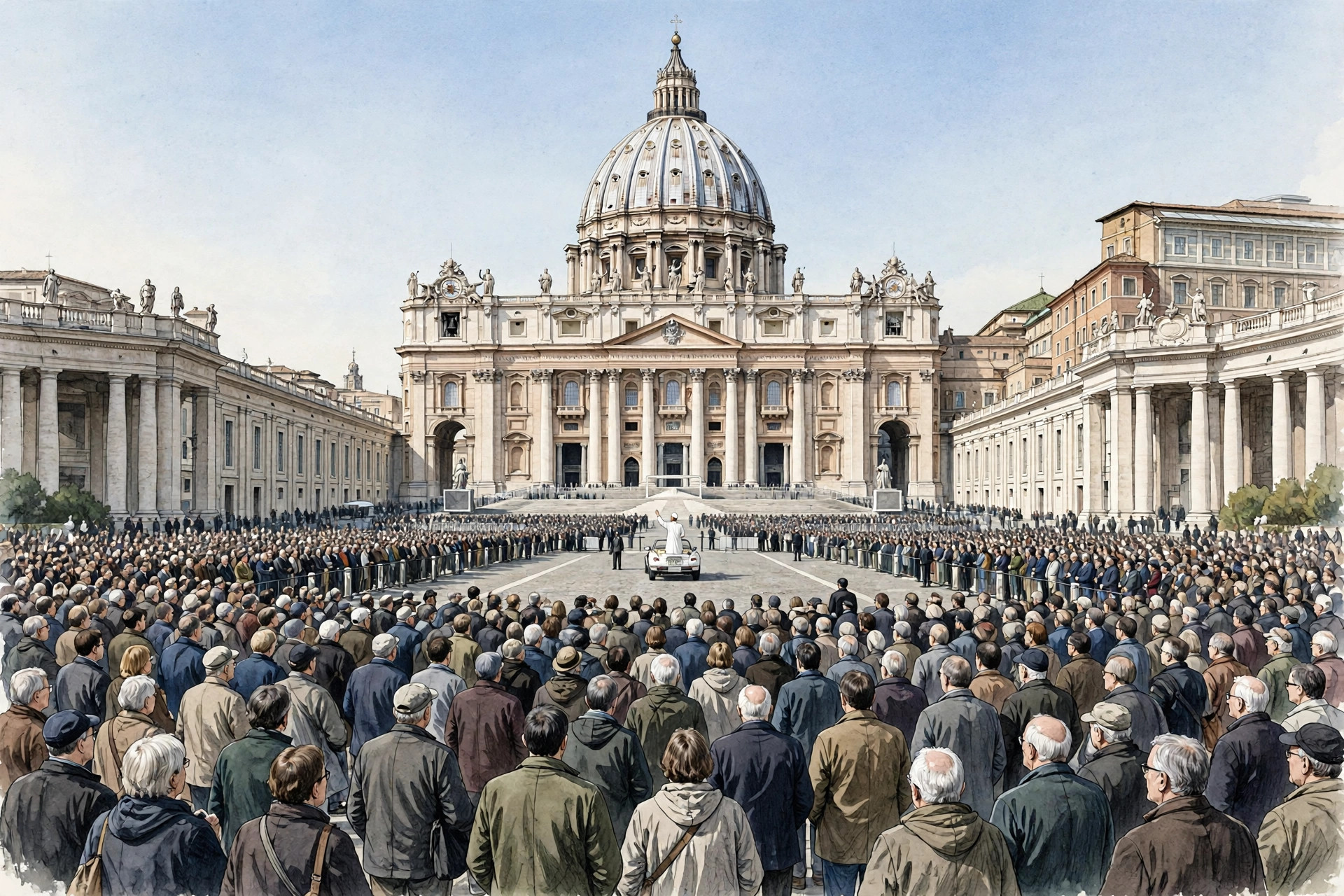 Editorial illustration: a large crowd in St. Peter's Square during a general audience