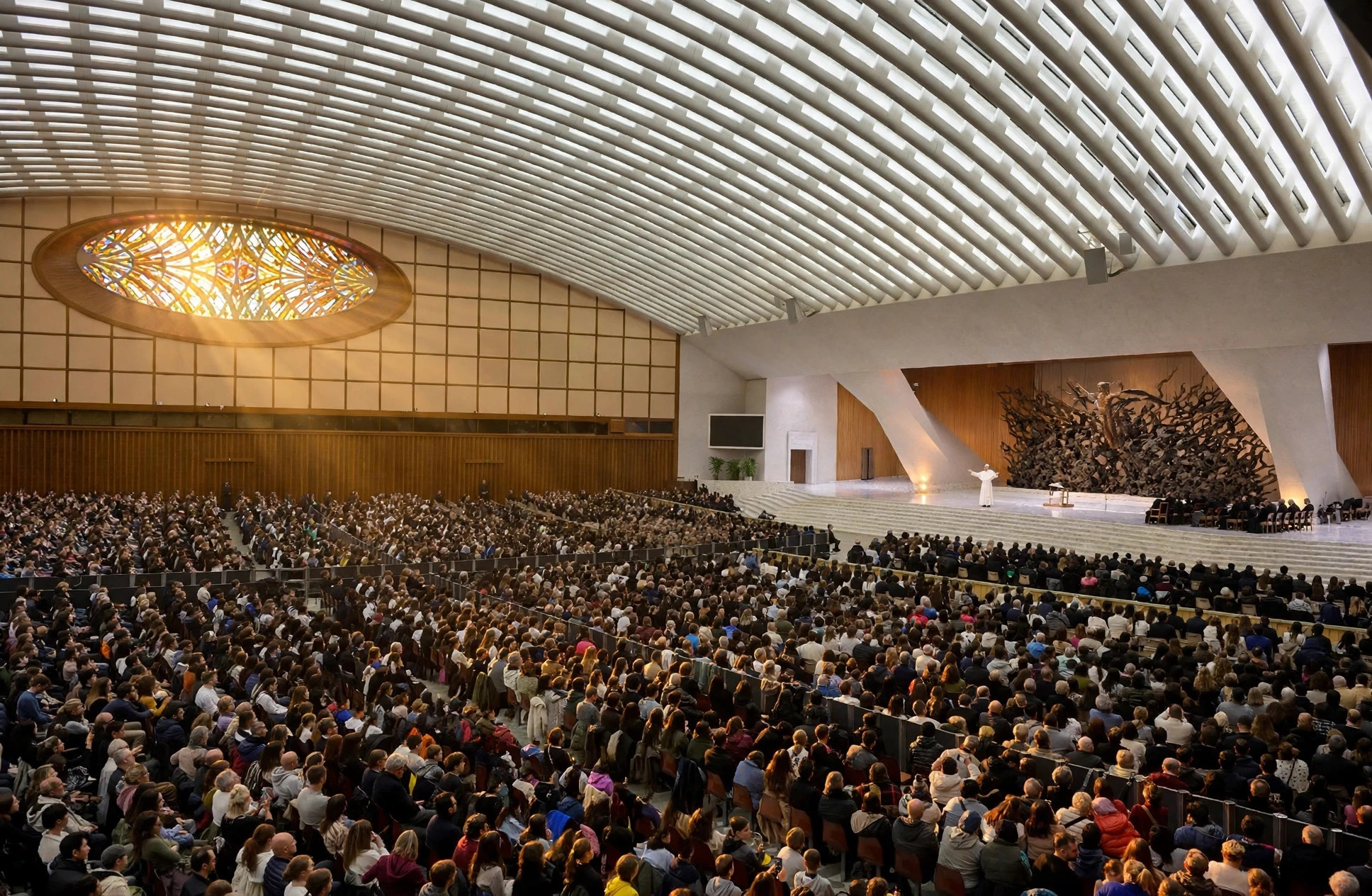 Editorial illustration: young people gathered in a large Vatican audience hall