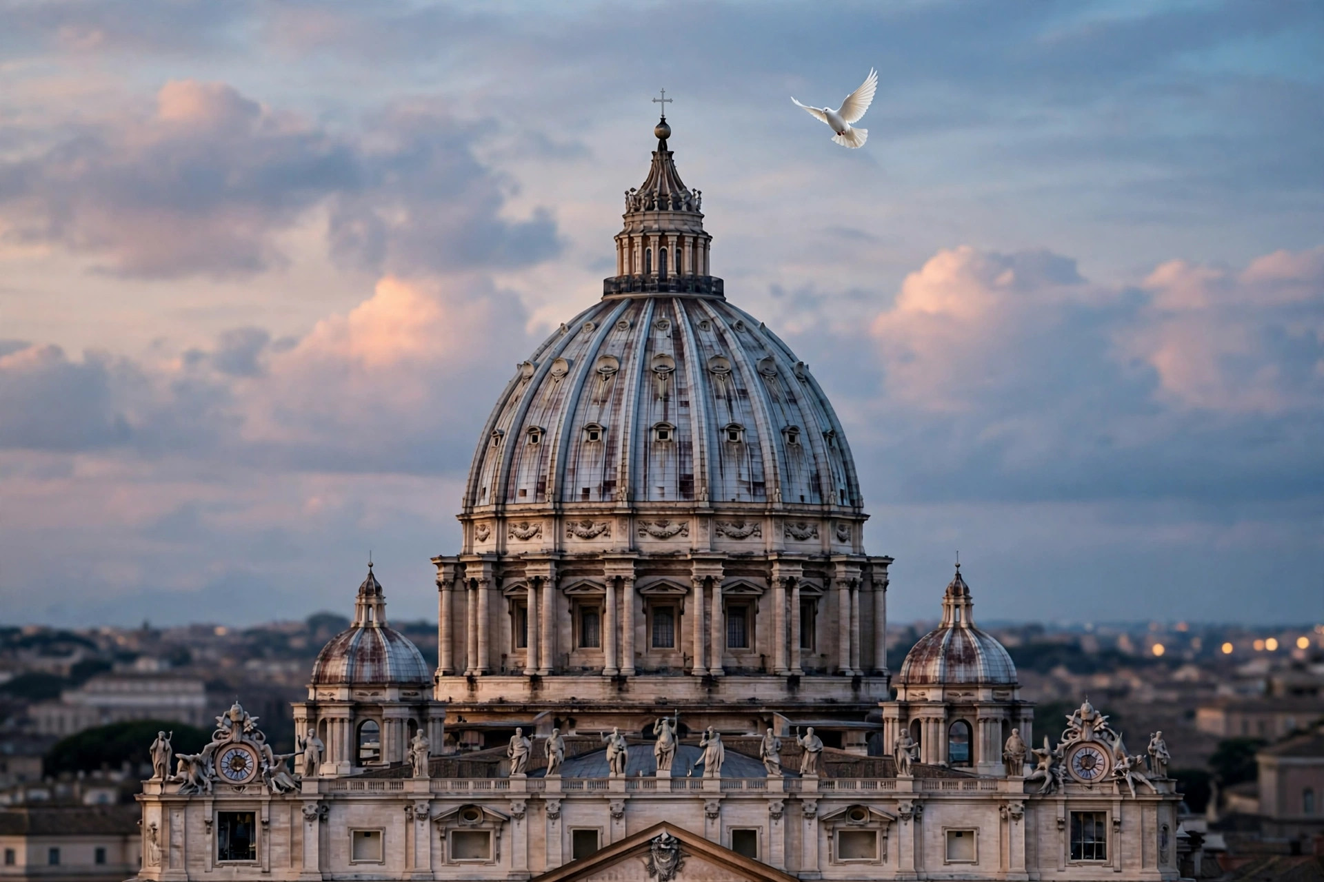 Editorial illustration: St. Peter's Basilica dome at dusk with a dove in flight