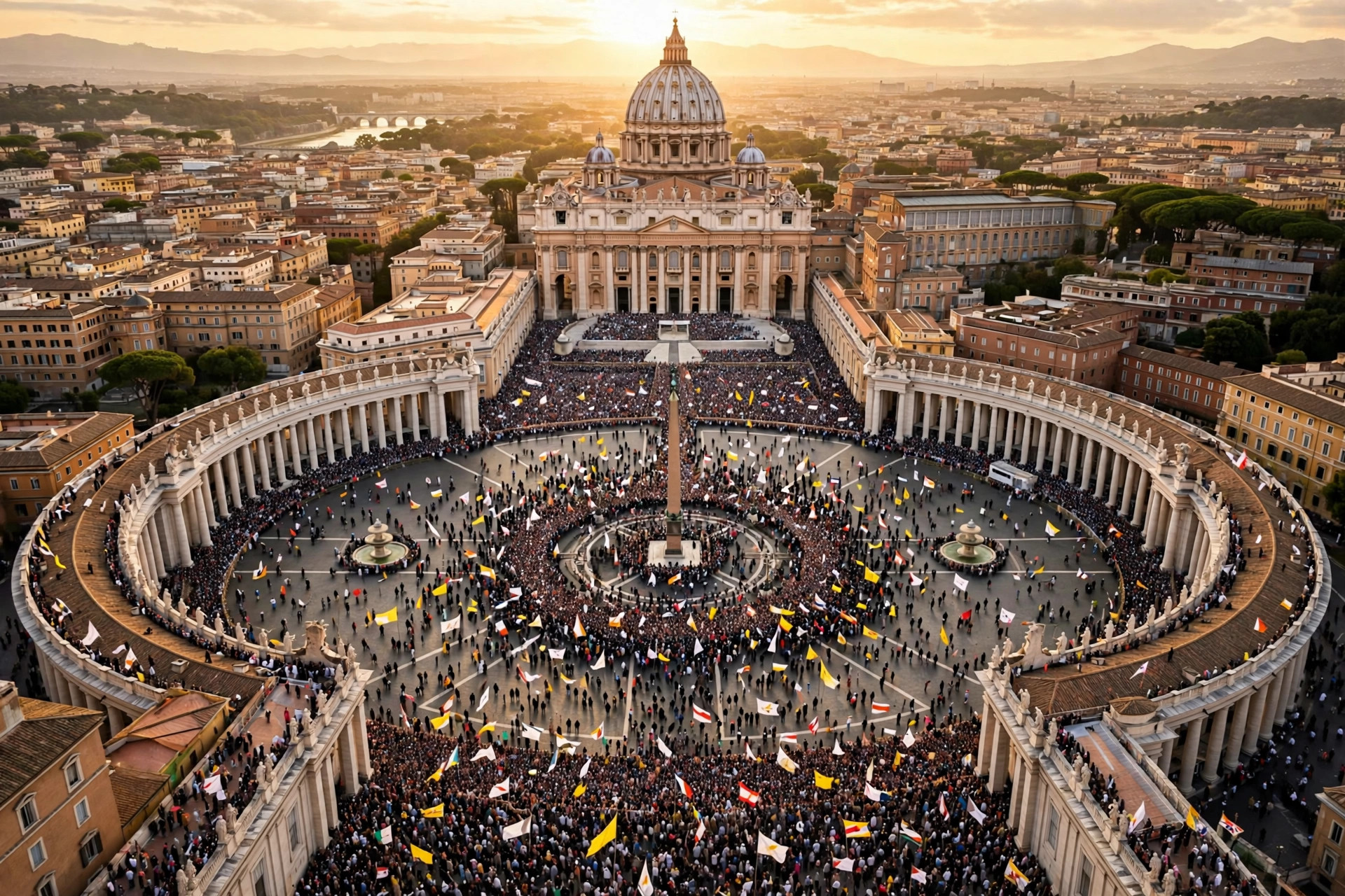 Editorial illustration: St. Peter's Square filled with pilgrims at golden hour