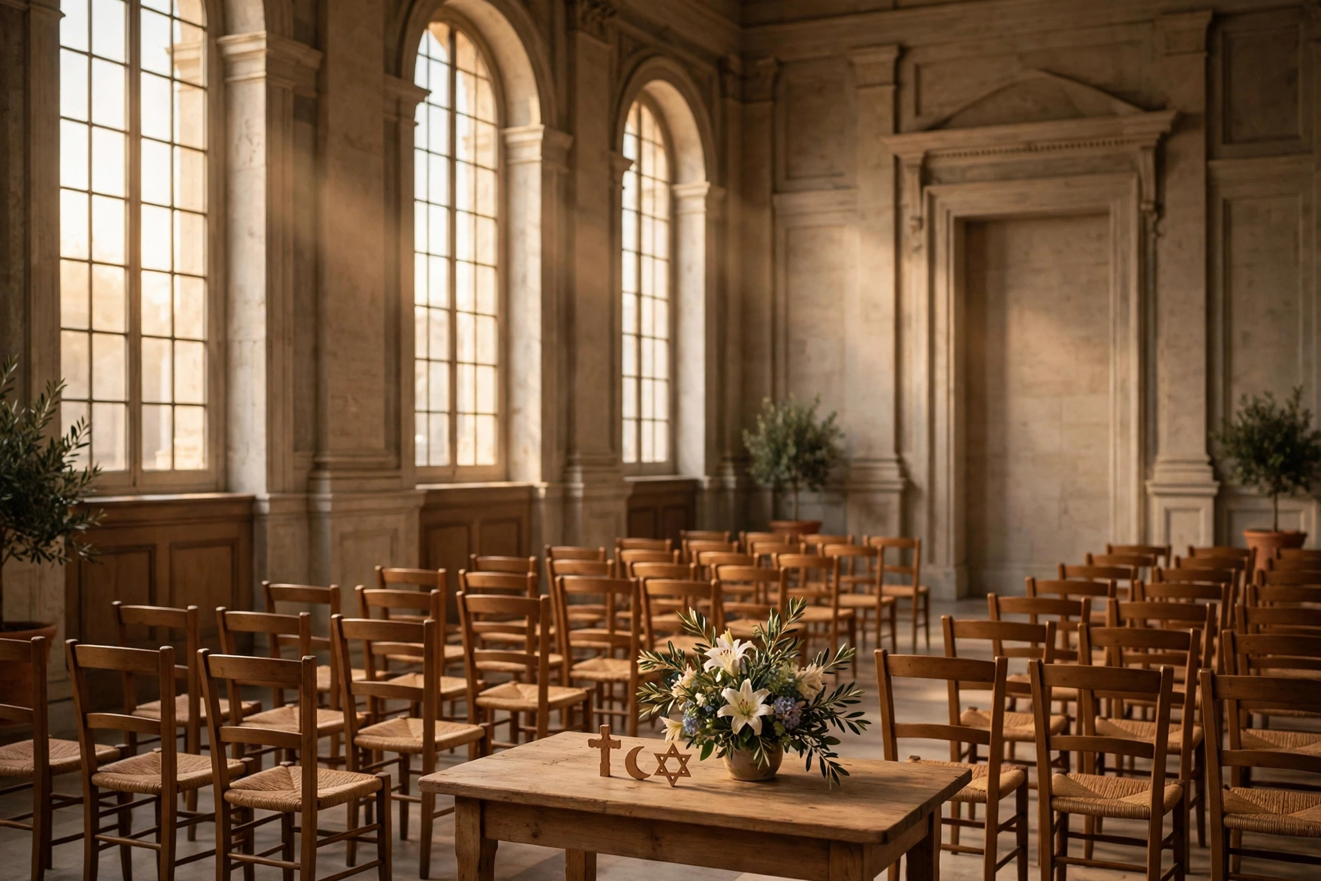 Editorial illustration: a serene interfaith meeting room with tall windows and a simple wooden table