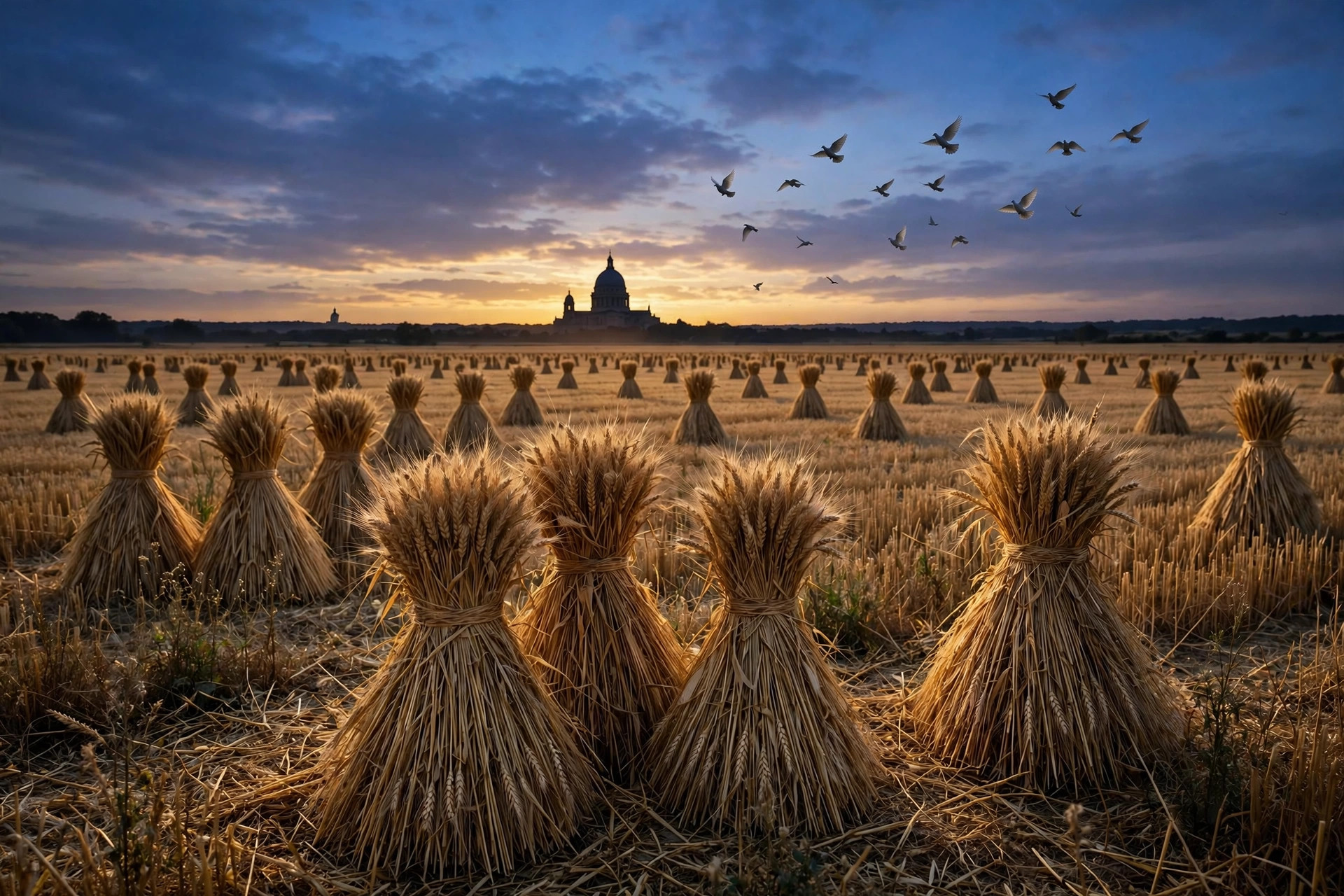 Editorial illustration: golden wheat sheaves in a field at dusk with a basilica dome on the horizon