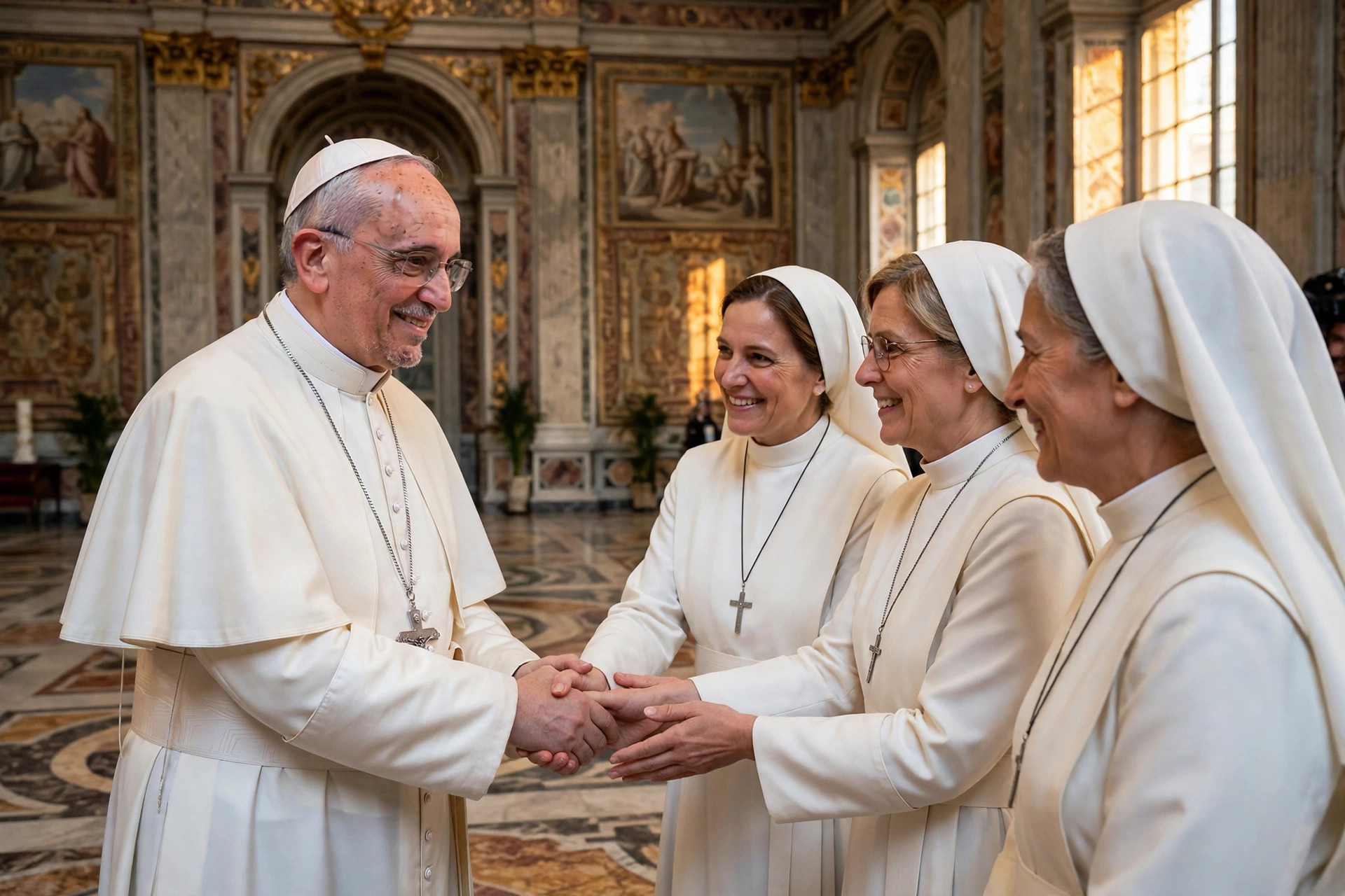 Editorial illustration: Pope Leo XIV greeting religious sisters in a Vatican hall