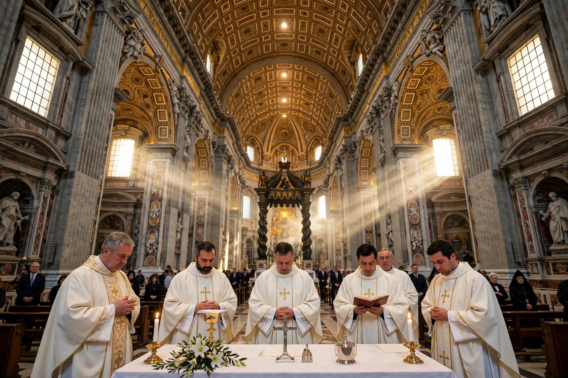 Editorial illustration: a solemn ceremony inside St. Peter's Basilica in Vatican City
