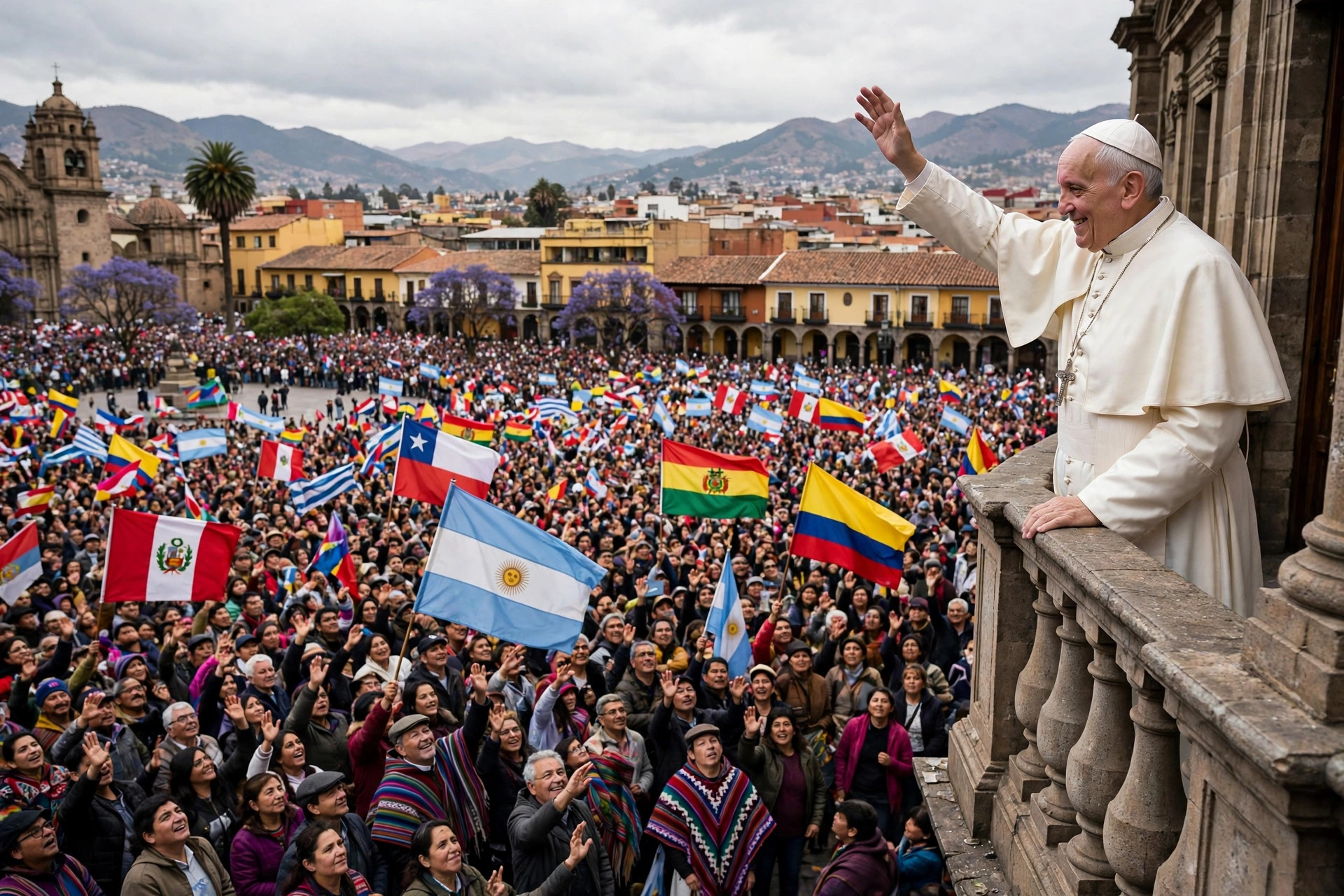 Editorial illustration: a pope waving to a large crowd in a South American city square