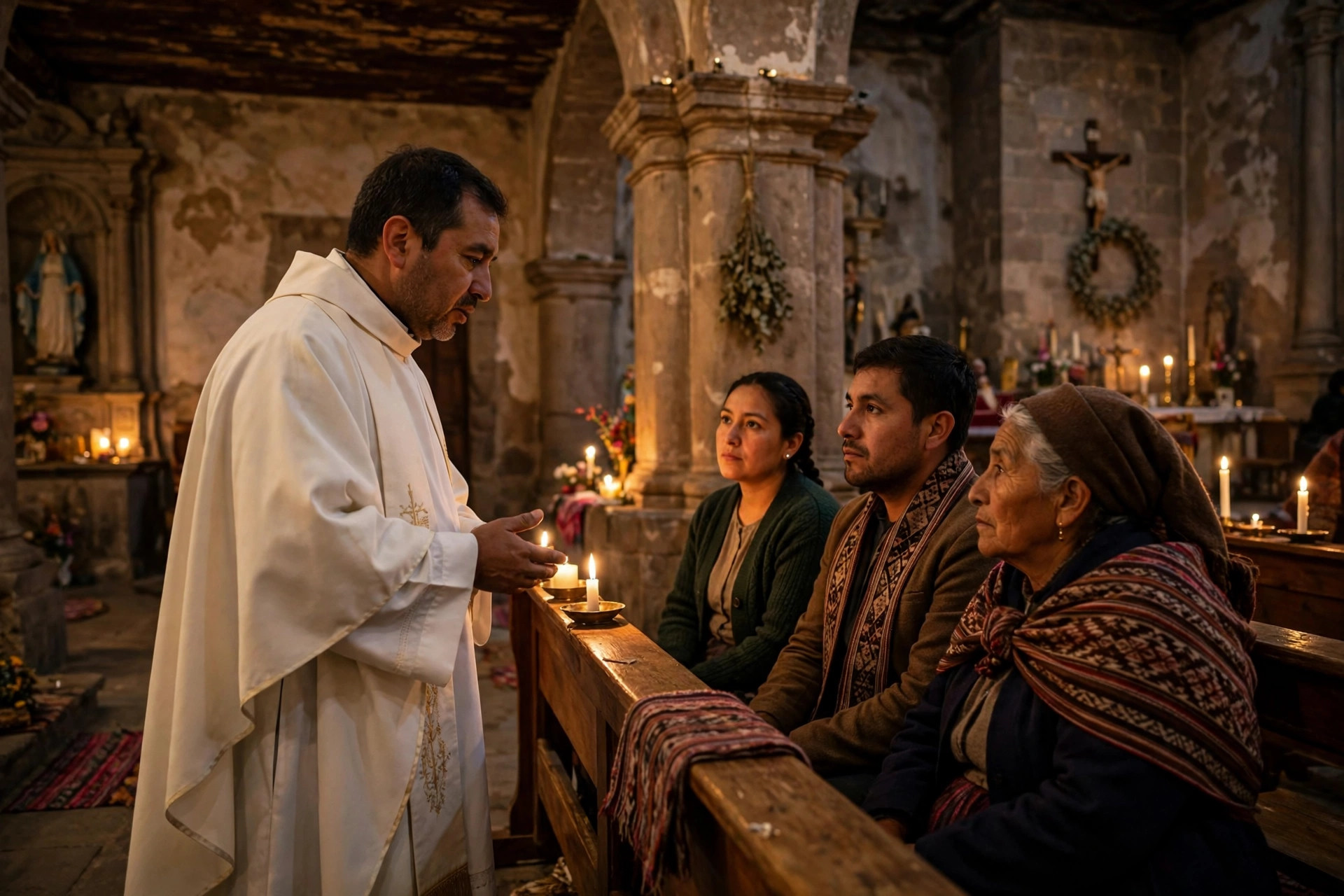 Editorial illustration: a South American cathedral interior in warm candlelight, a priest speaking quietly with a small group