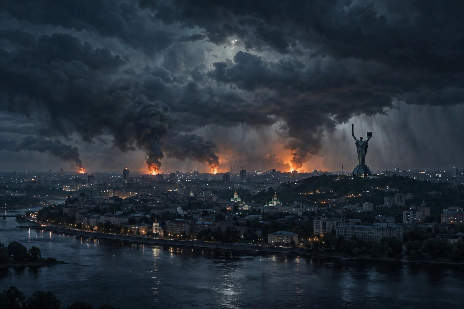 Editorial illustration: Kyiv skyline at night with distant fires and smoke on the horizon