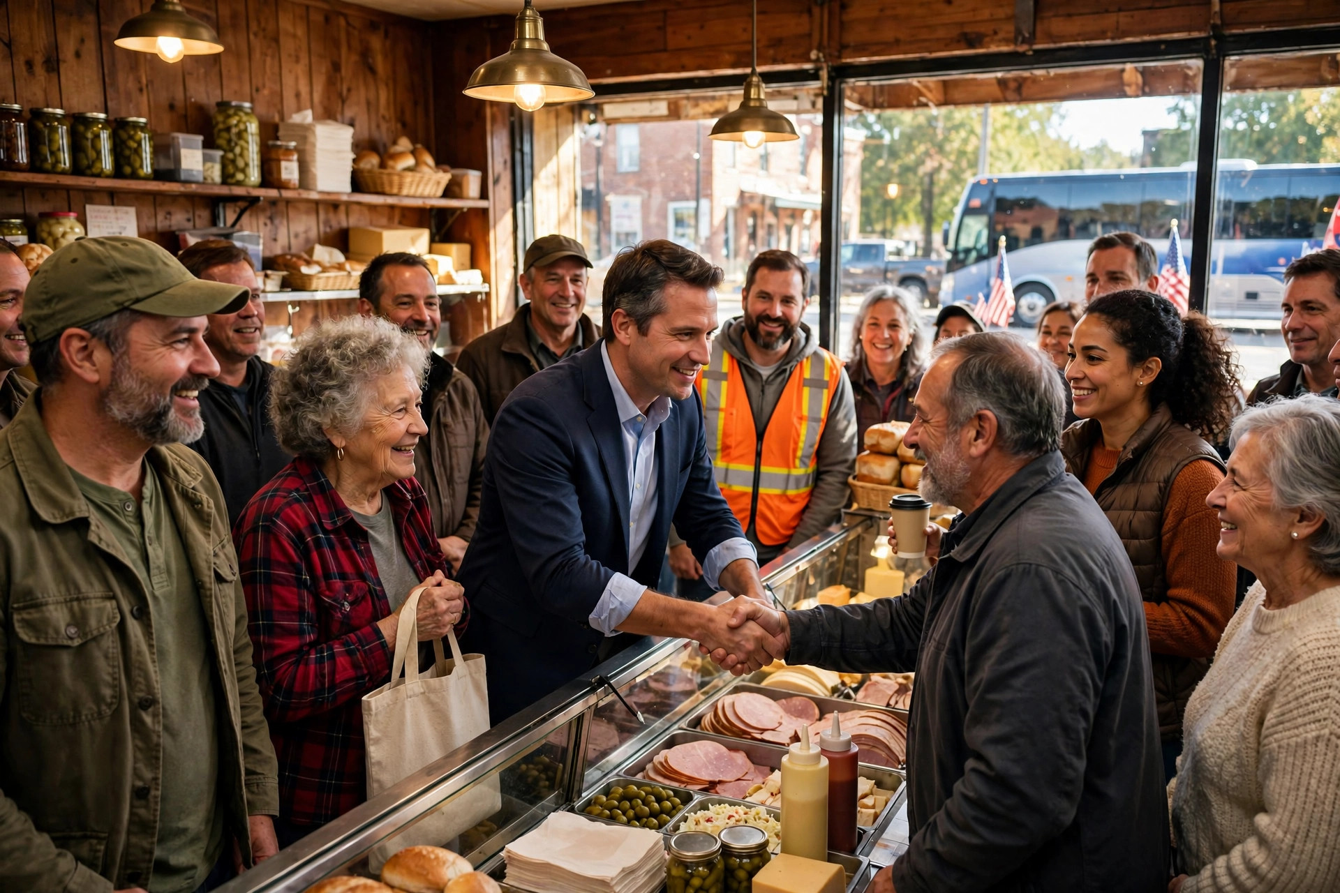 Editorial illustration: a candidate greeting supporters inside a crowded small-town deli