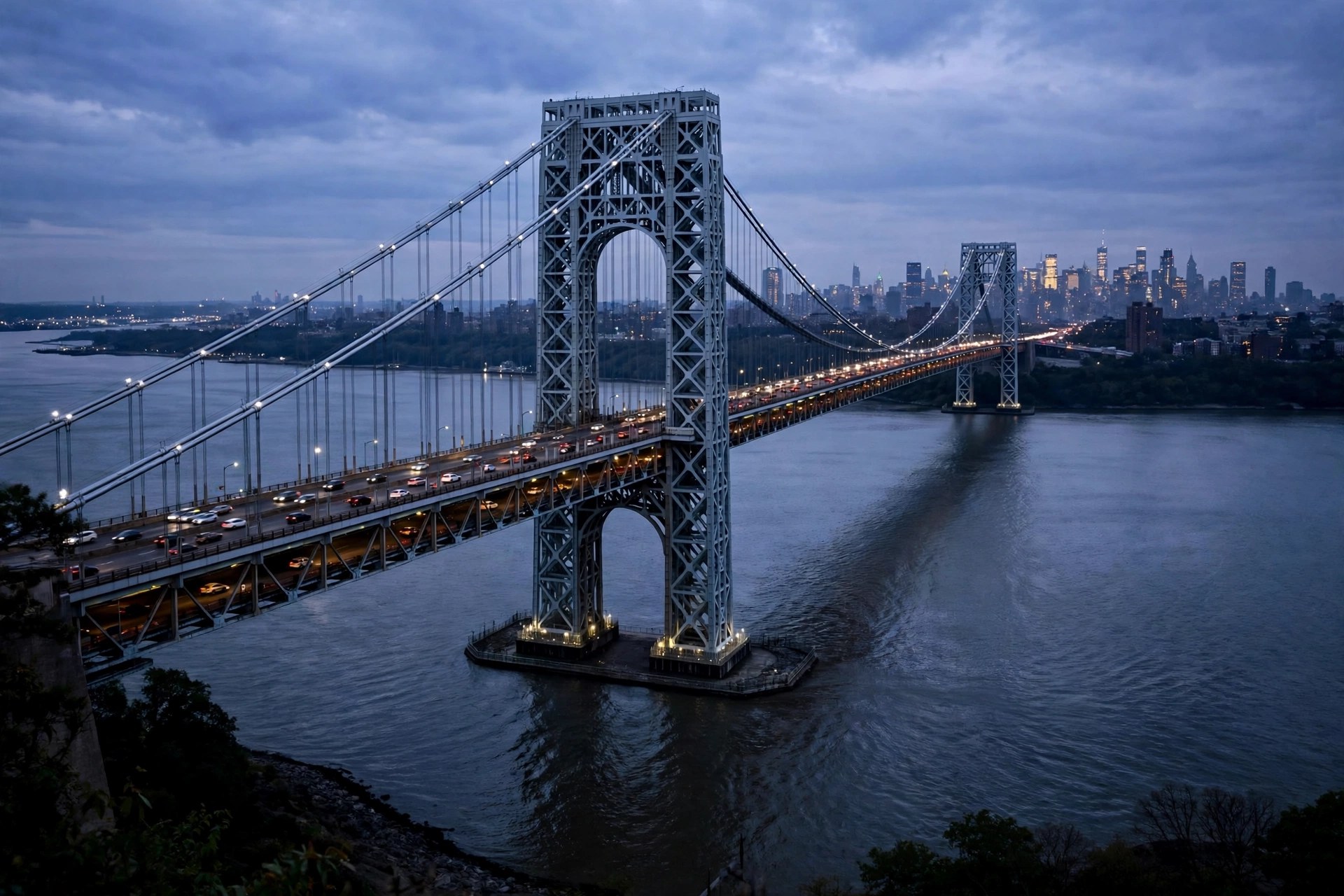 Editorial illustration: the George Washington Bridge over the Hudson River at dusk with traffic