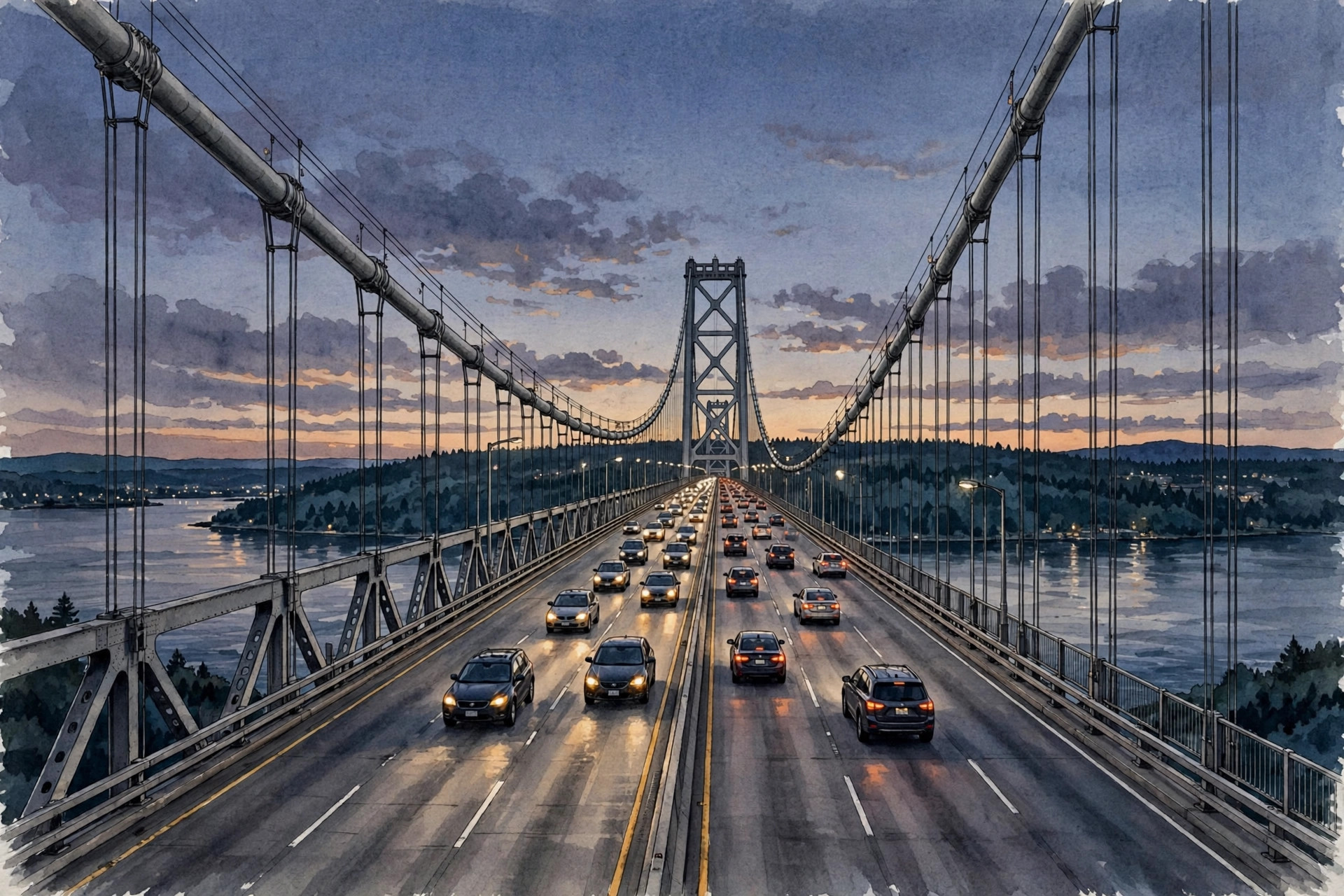 Editorial illustration: a large suspension bridge over a wide river at dusk with steady traffic