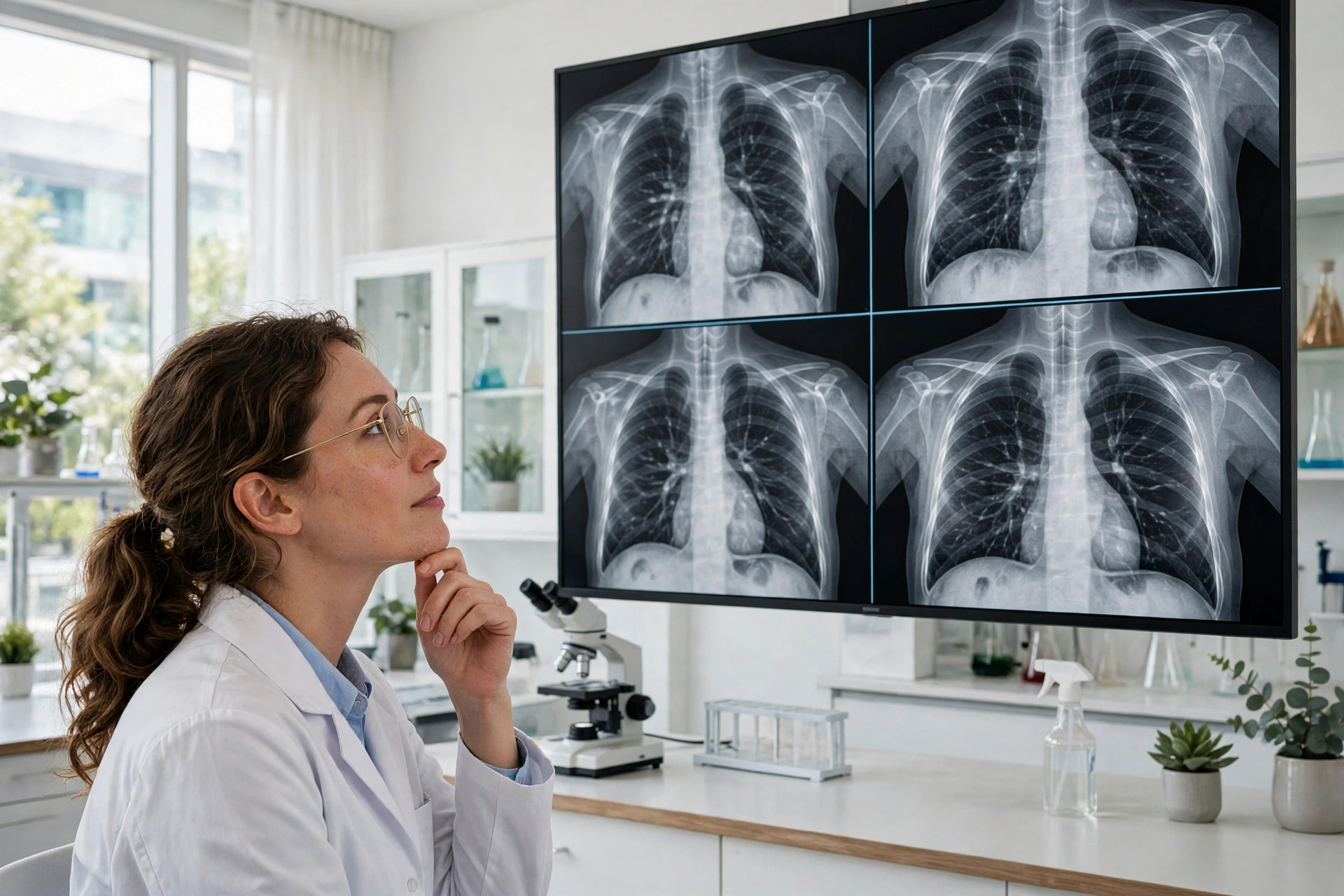 Editorial illustration: a scientist reviewing lung scans in a bright modern laboratory