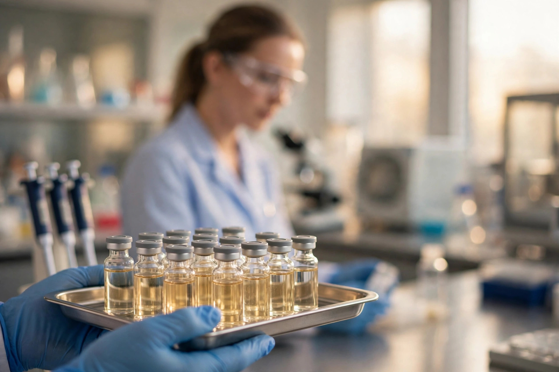 Editorial illustration: a modern oncology laboratory with a researcher holding a tray of medicine vials