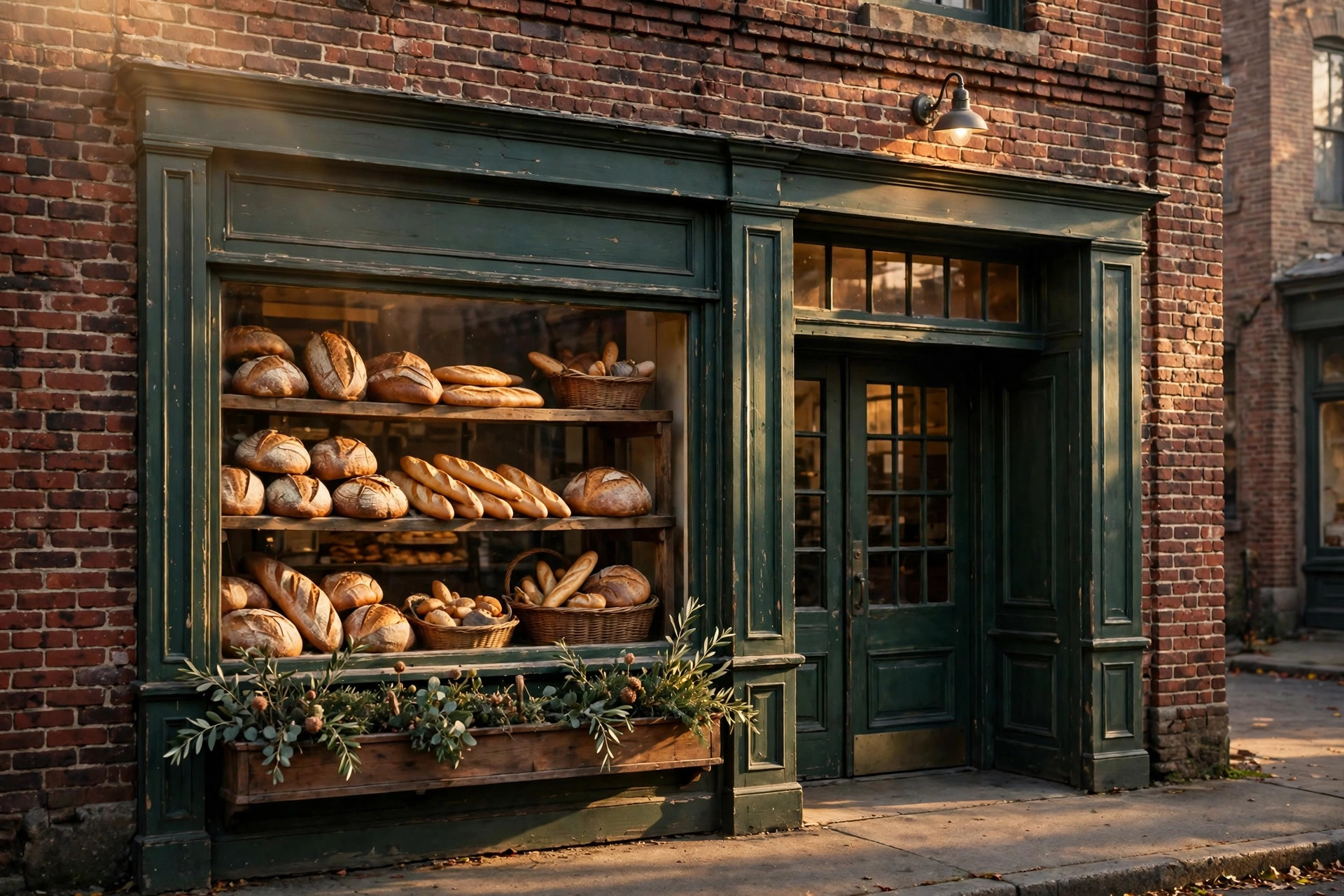 Editorial illustration: a historic American bakery storefront with loaves of bread