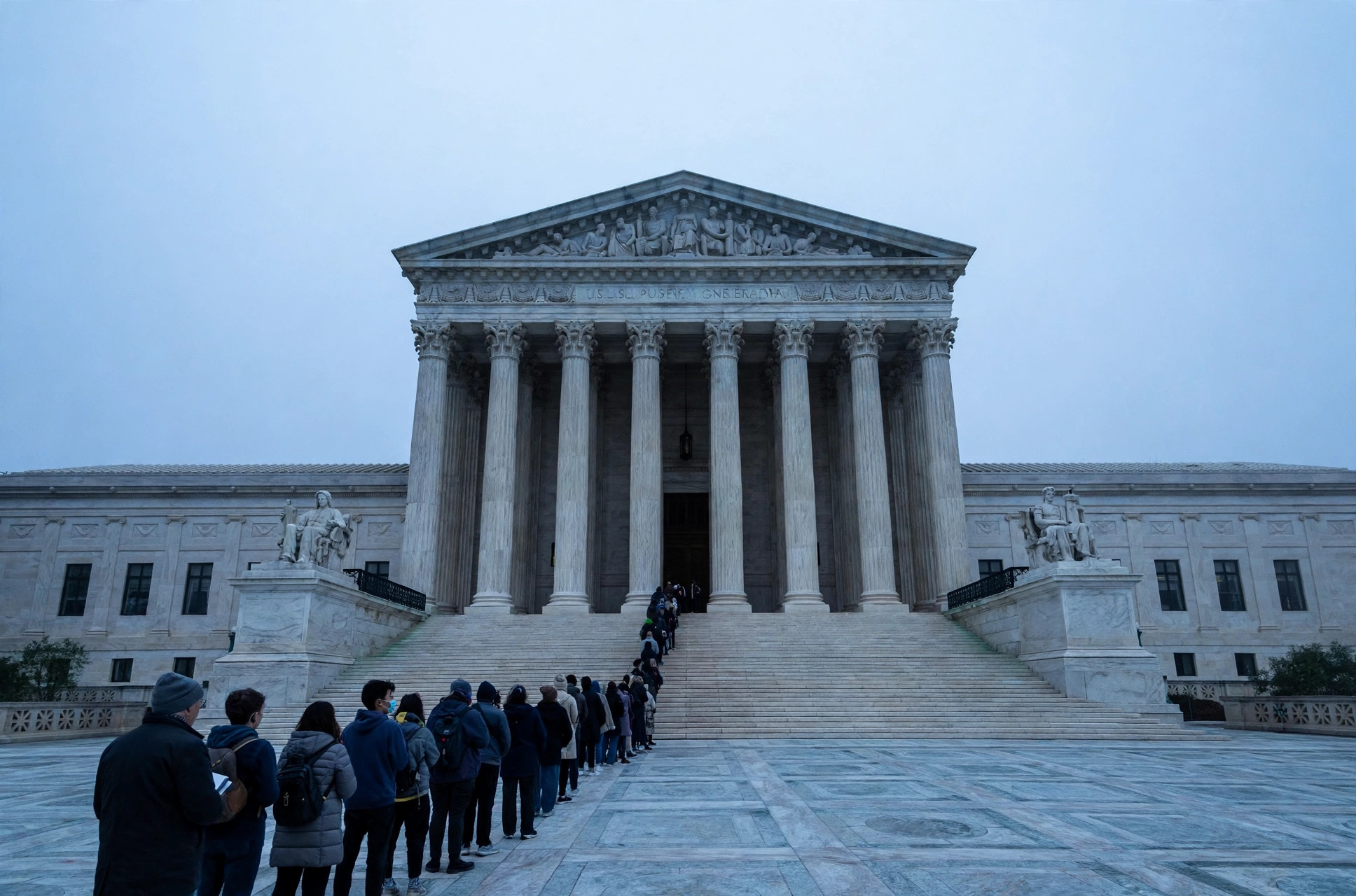 Editorial illustration: the marble facade of the U.S. Supreme Court building in Washington
