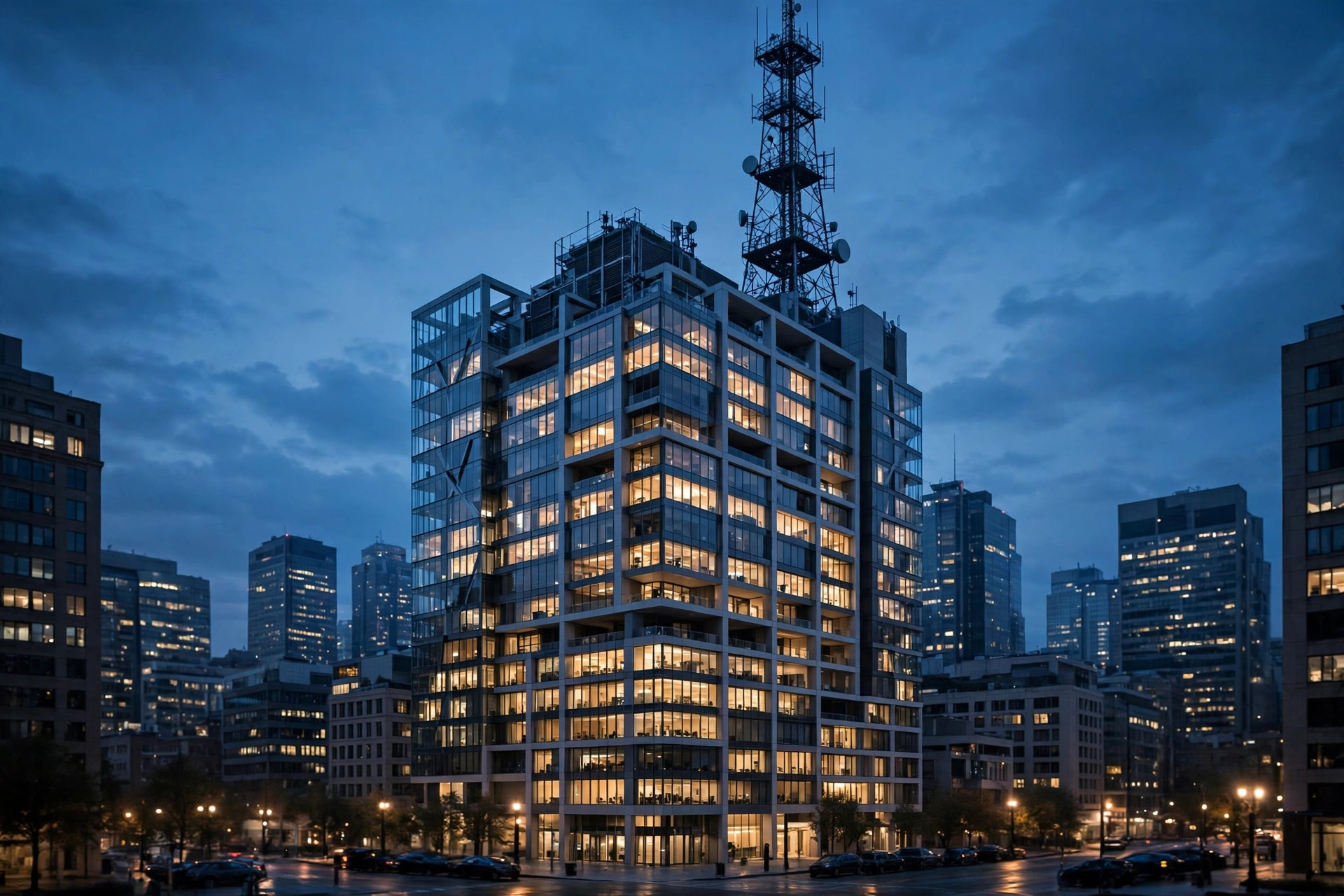 Editorial illustration: a broadcast company headquarters building at dusk with a television antenna tower silhouette