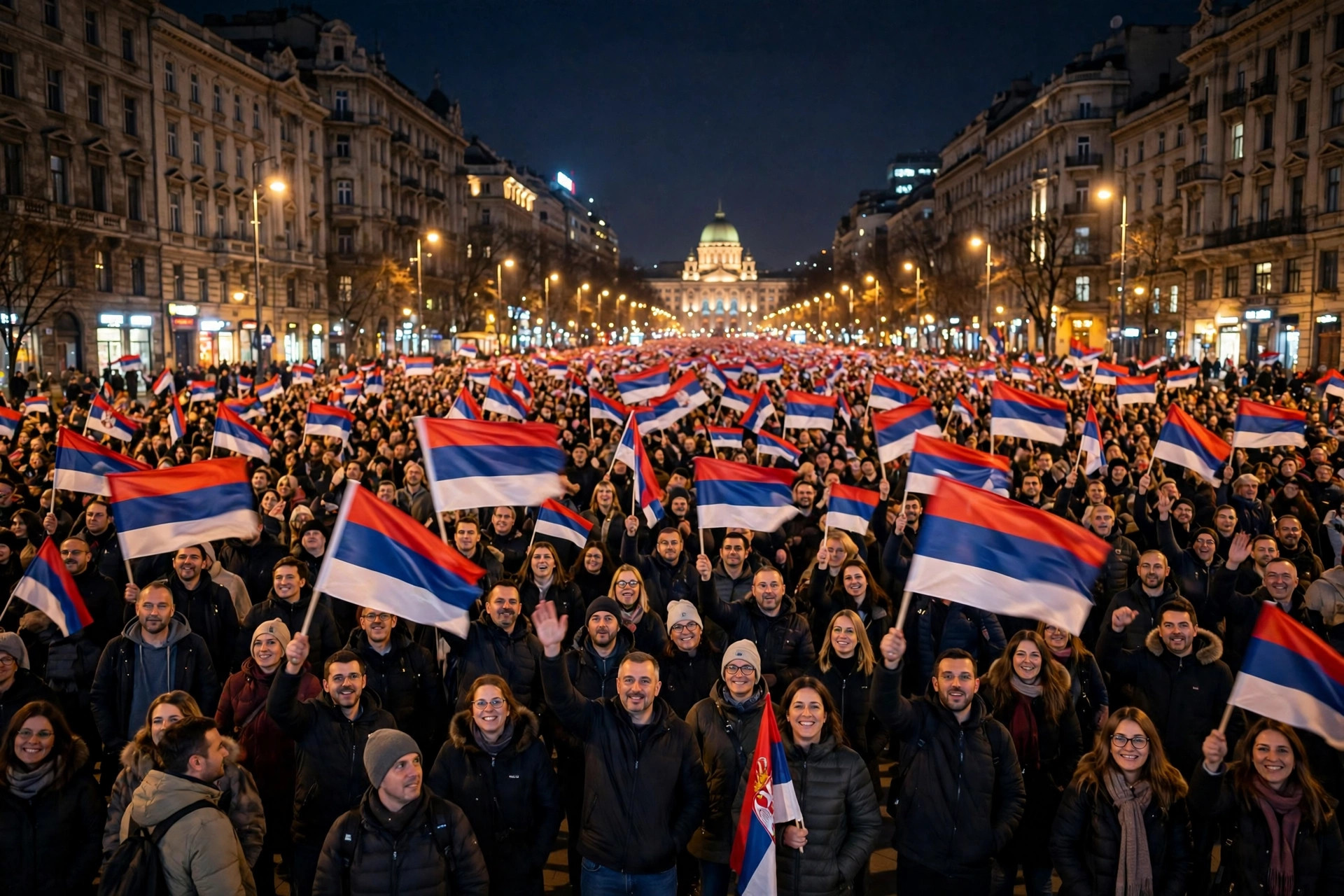 Editorial illustration: a large crowd waving Serbian flags on a boulevard in Belgrade at night