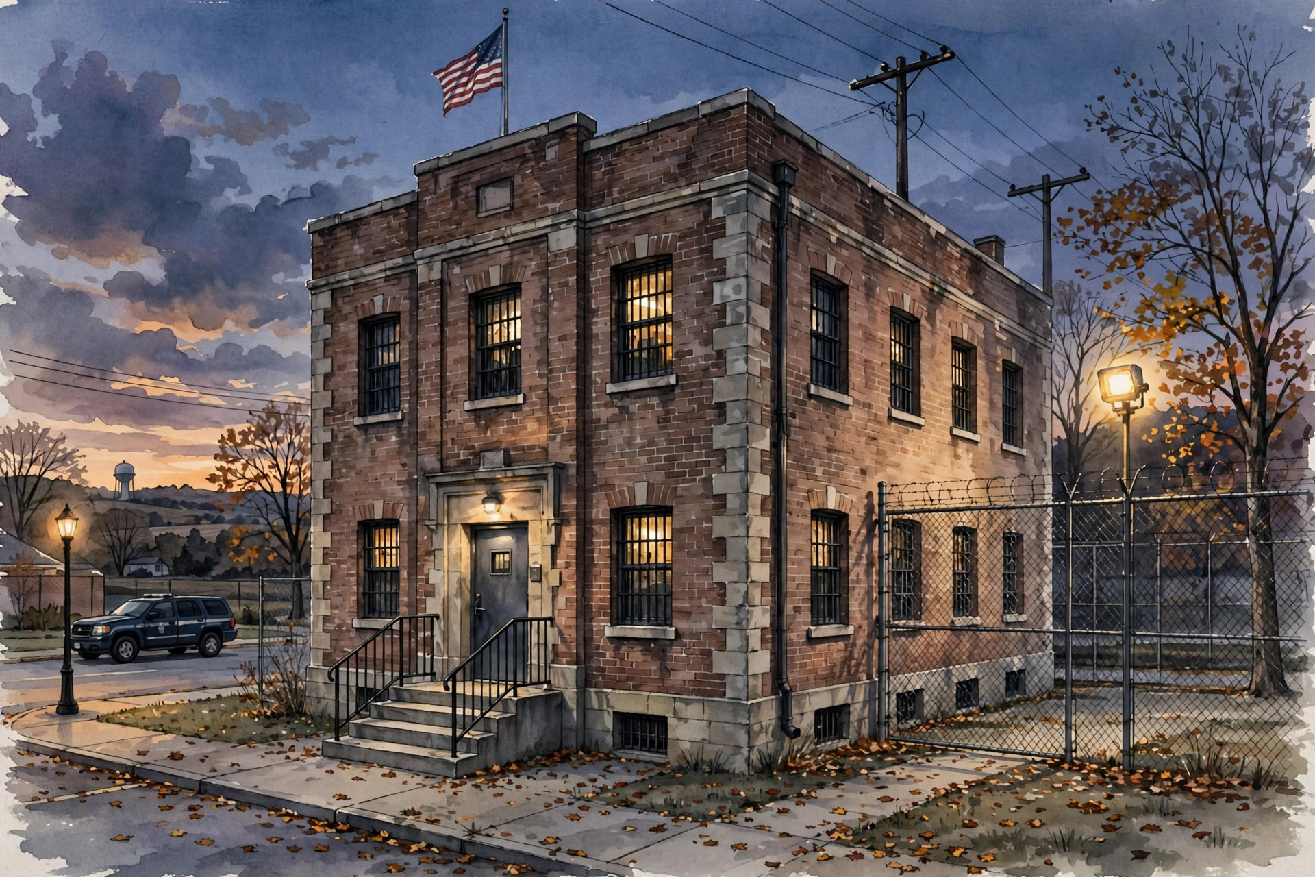 Editorial illustration: the exterior of a county jail building in Ohio at dusk