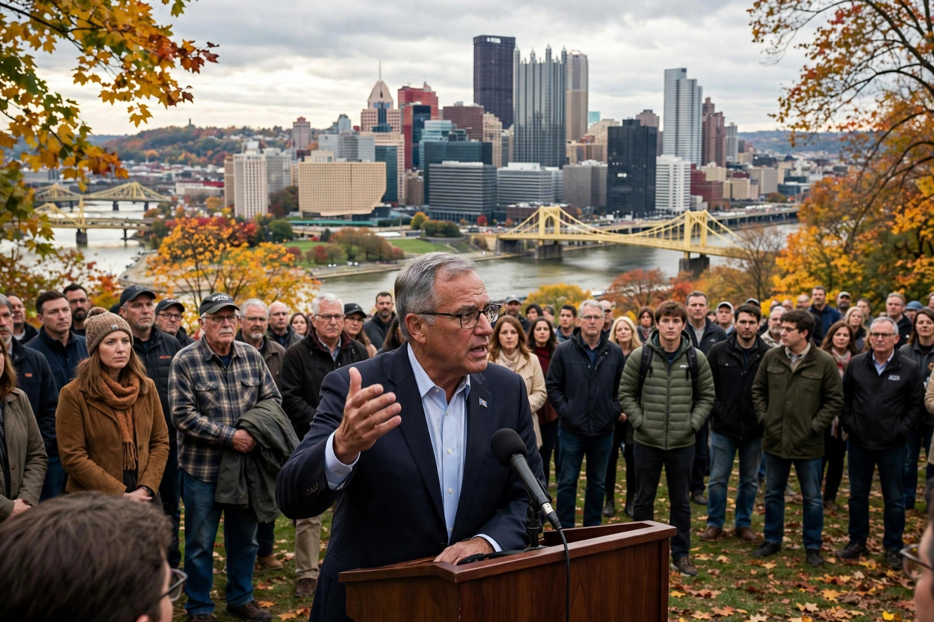 Editorial illustration: a governor speaking at a podium before a crowd in Pittsburgh