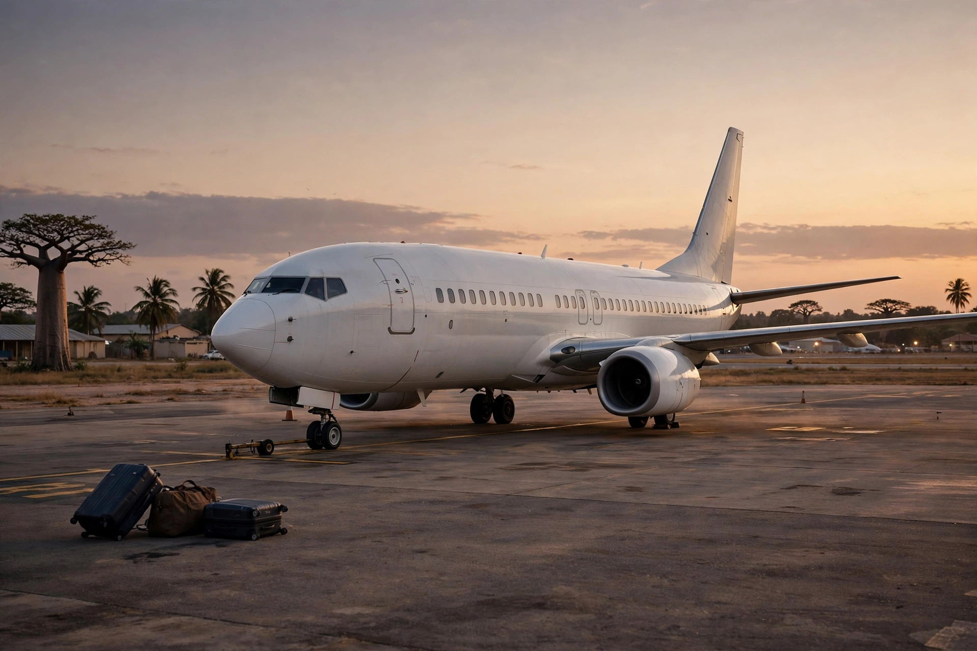 Editorial illustration: a passenger airplane on an airport tarmac at dusk, suitcases on the ground beside it
