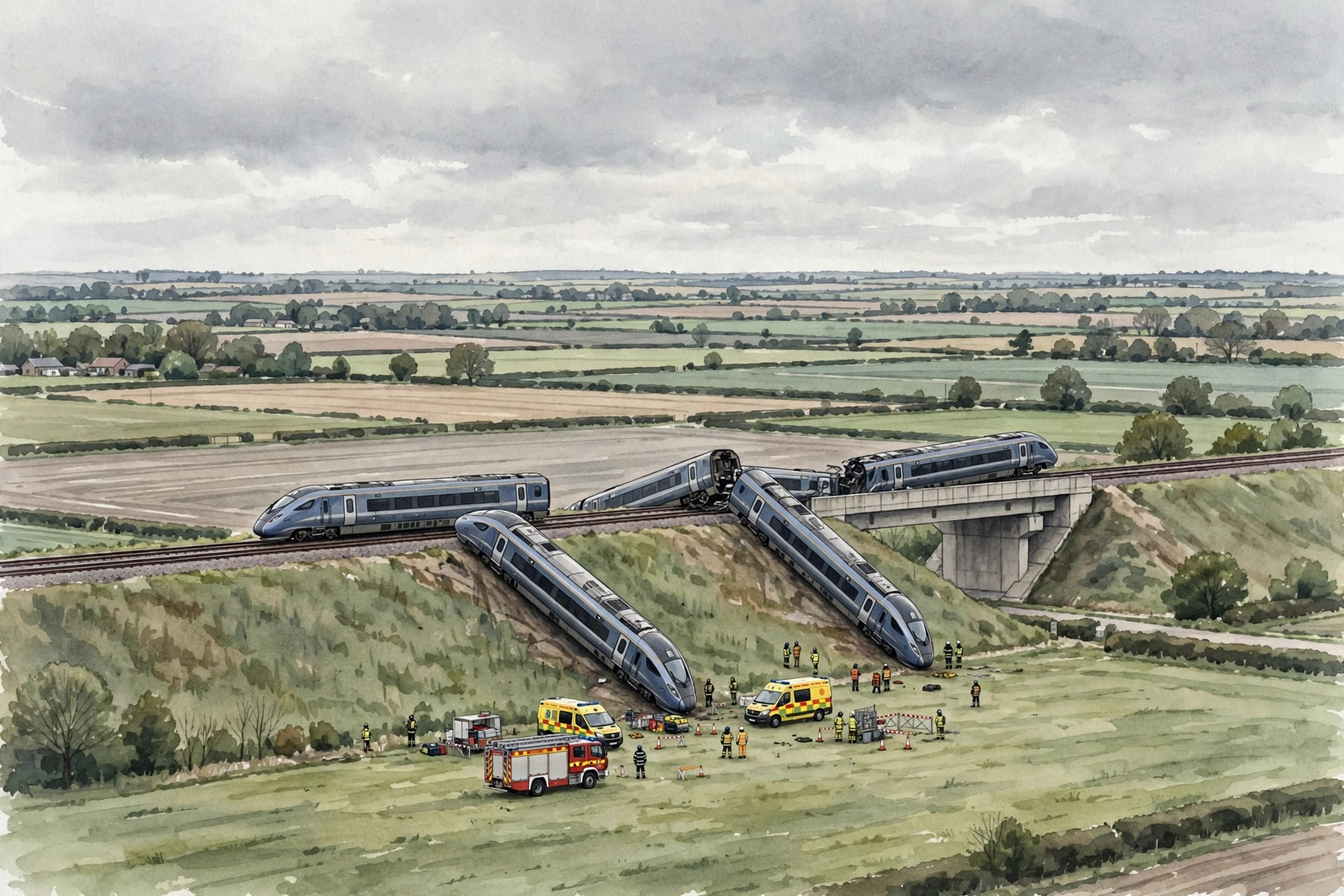 Editorial illustration: emergency responders beside derailed high-speed train carriages on a railway embankment in flat countryside
