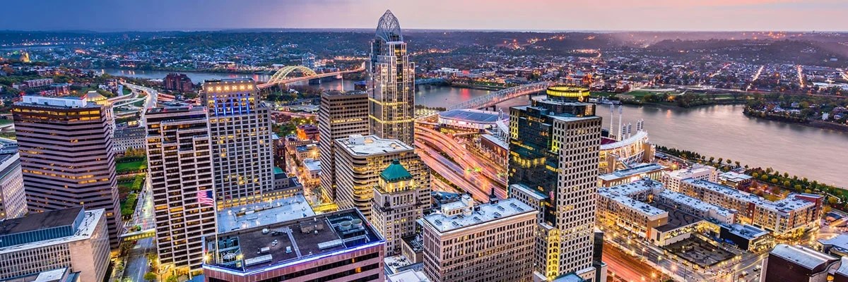 Real photo: the Cincinnati skyline along the Ohio River