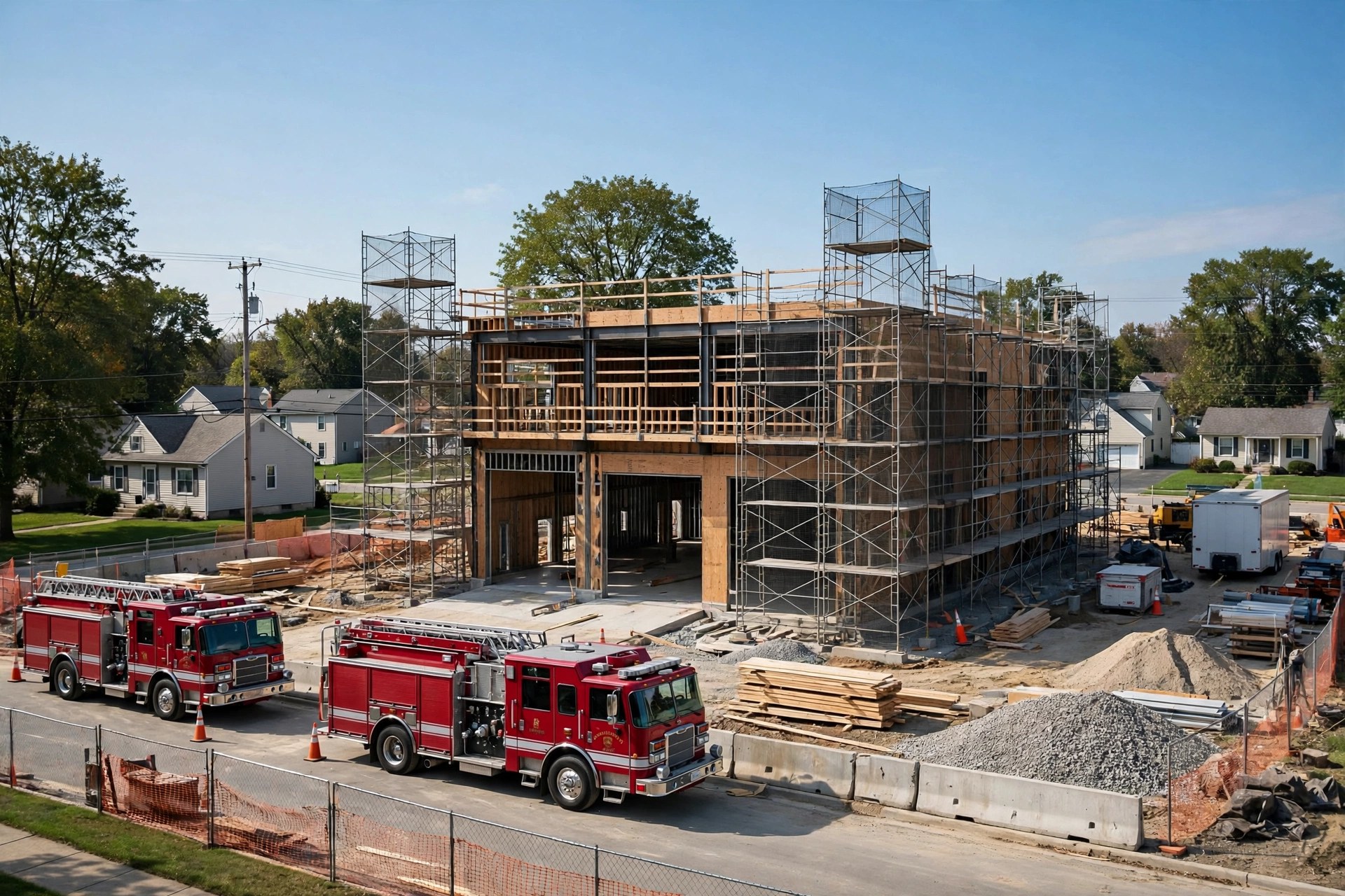 Editorial illustration: a fire station under construction in an Ohio suburb