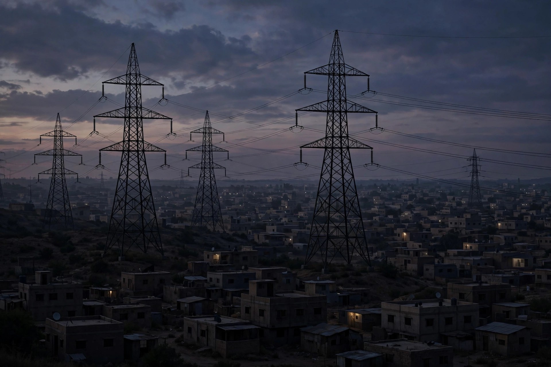 Editorial illustration: electricity transmission towers silhouetted against a dusky sky above a darkened town