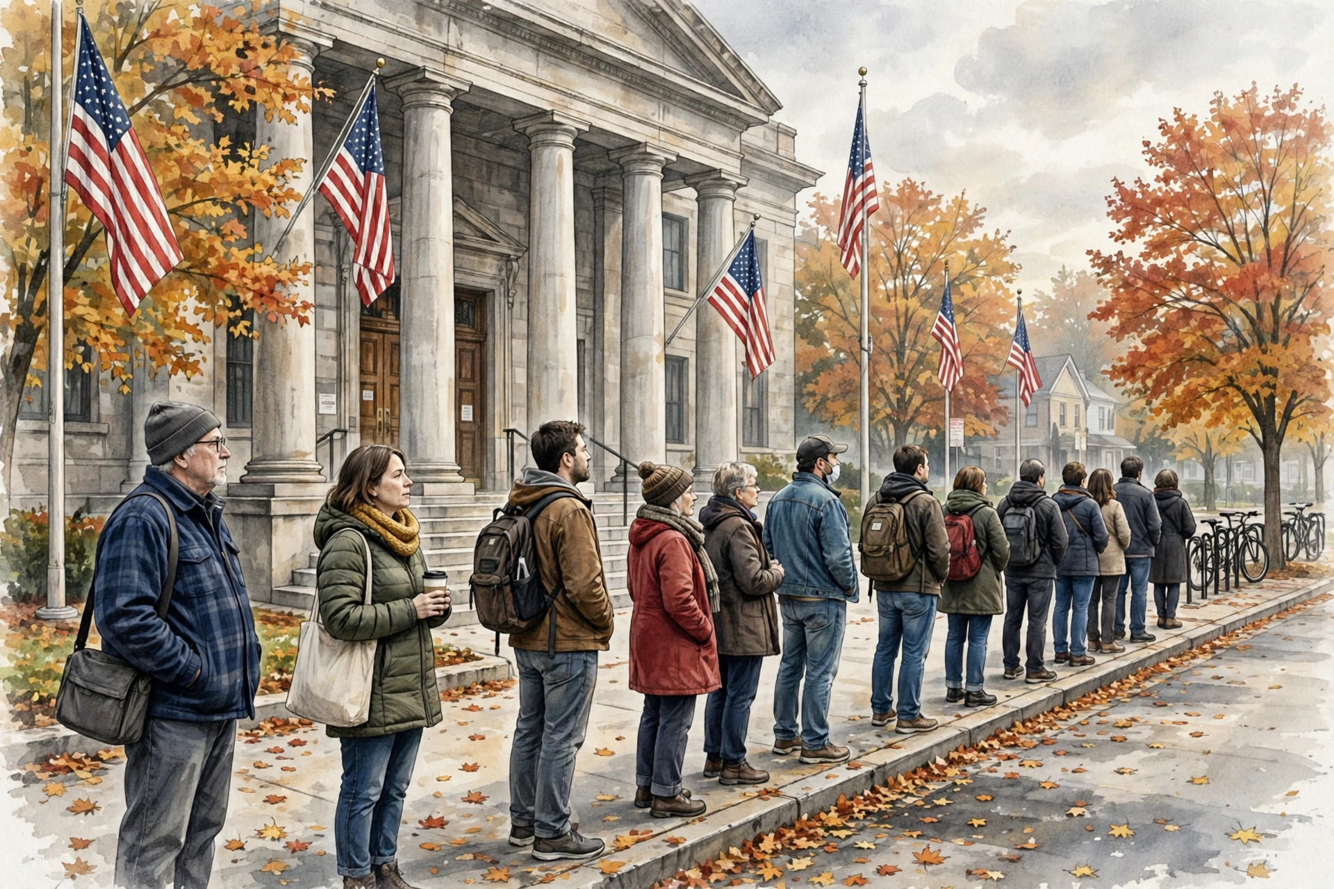 Editorial illustration: voters lining up outside a civic building on an autumn morning
