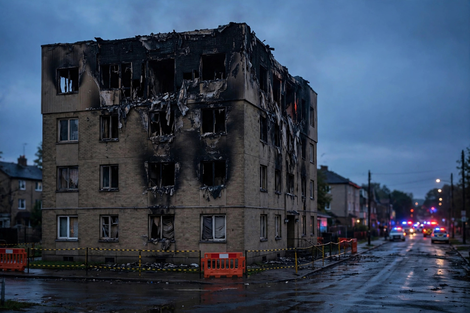 Editorial illustration: a damaged residential apartment building at dusk, no victims depicted