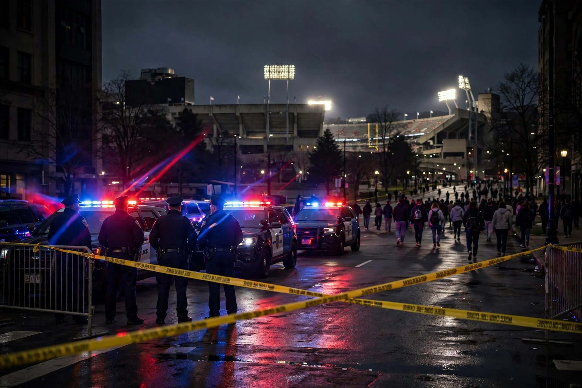 Editorial illustration: police cars with flashing lights and yellow tape cordoning off a street near a university stadium at night
