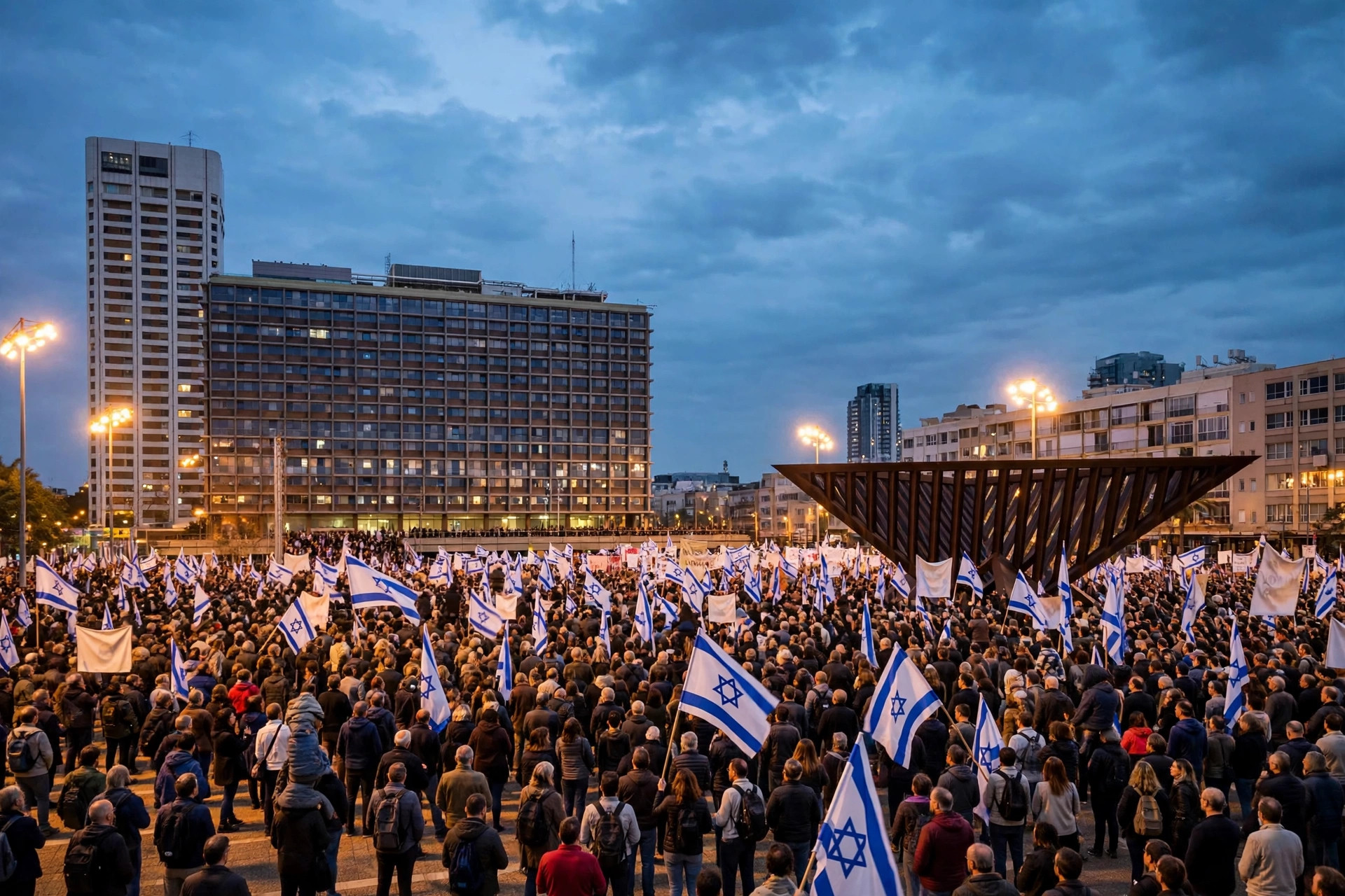 Editorial illustration: demonstrators gathered in a Tel Aviv square in the evening