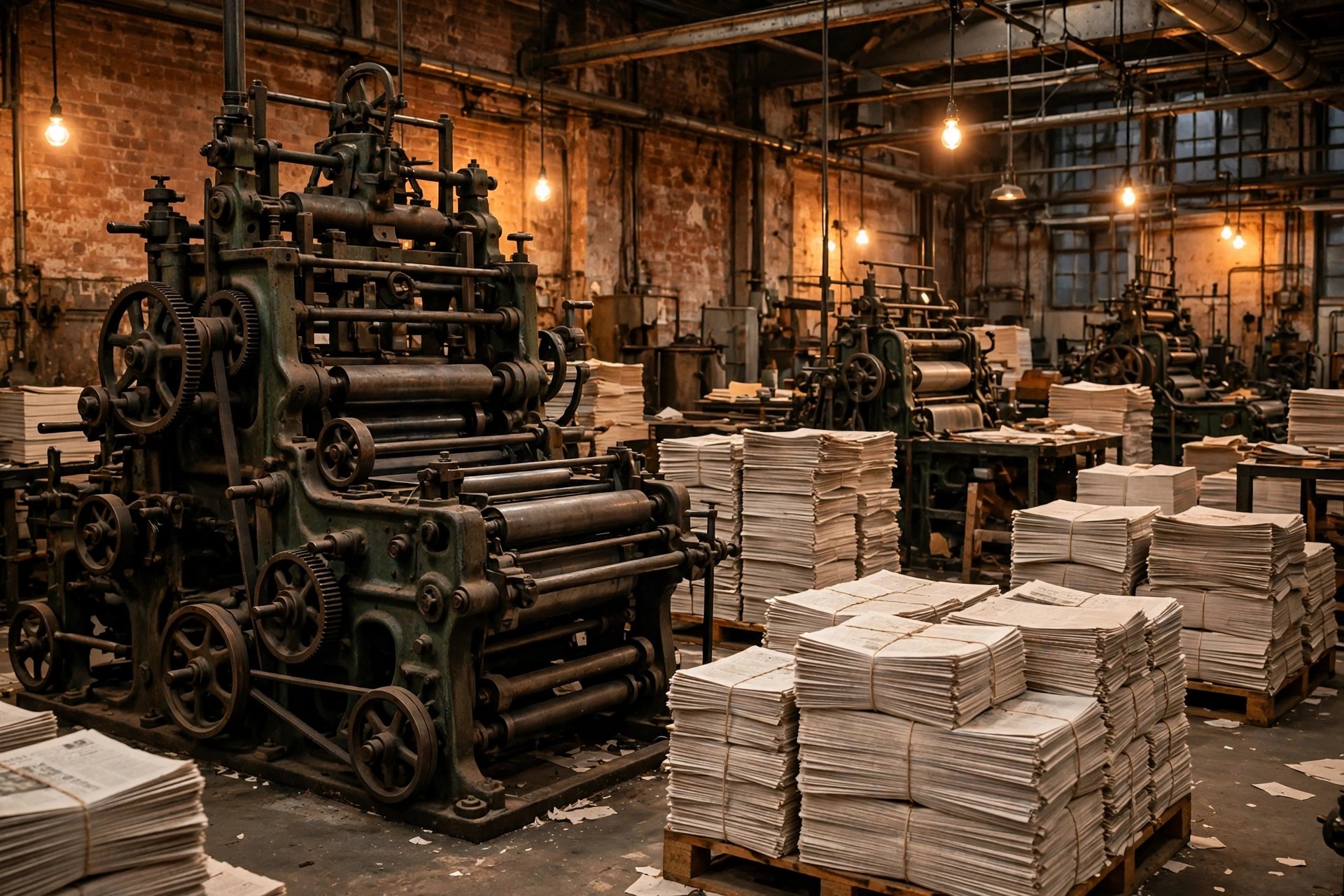 Editorial illustration: a historic newspaper printing press room