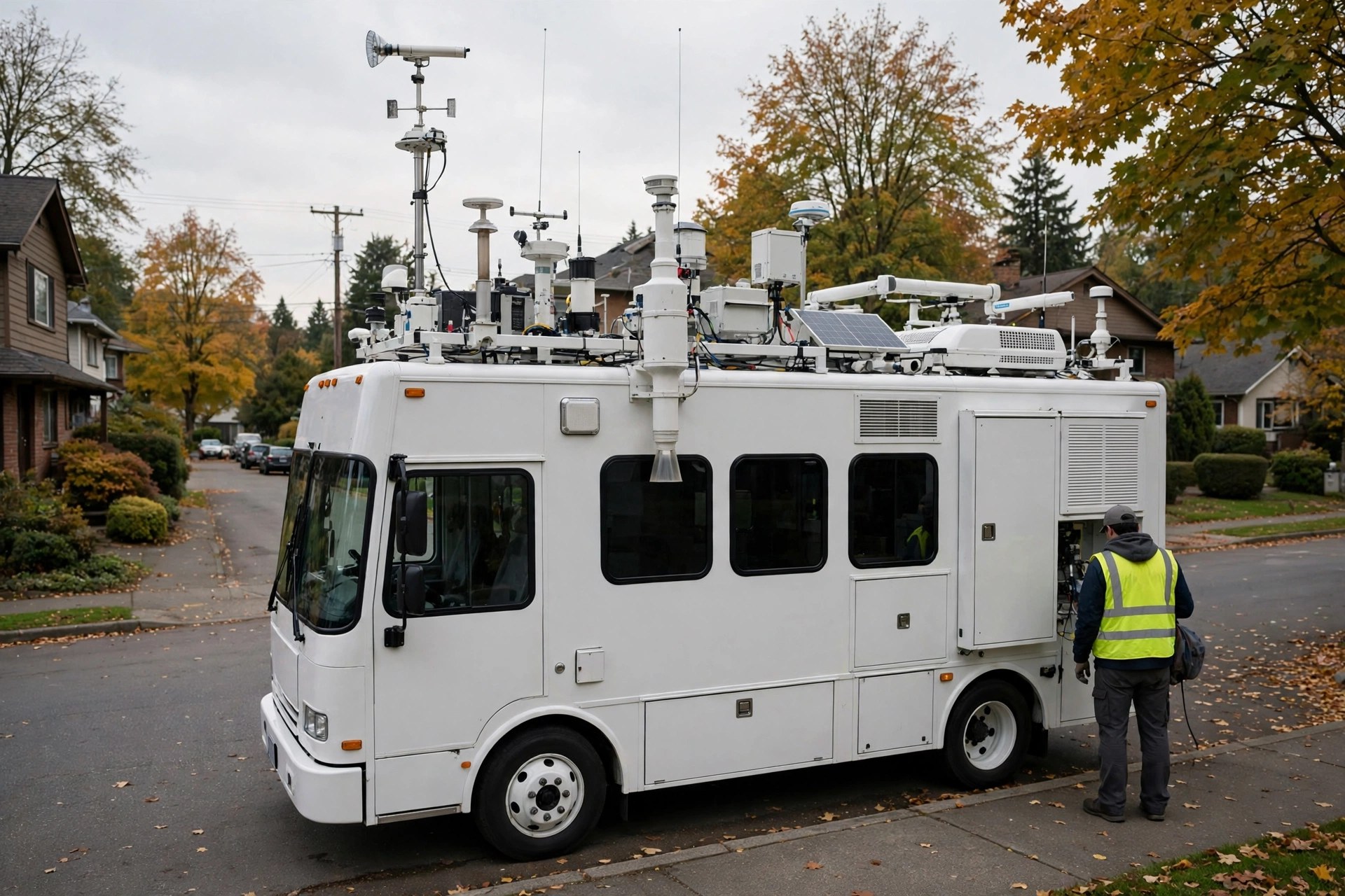 Editorial illustration: a white mobile air-monitoring laboratory bus parked on a quiet residential street