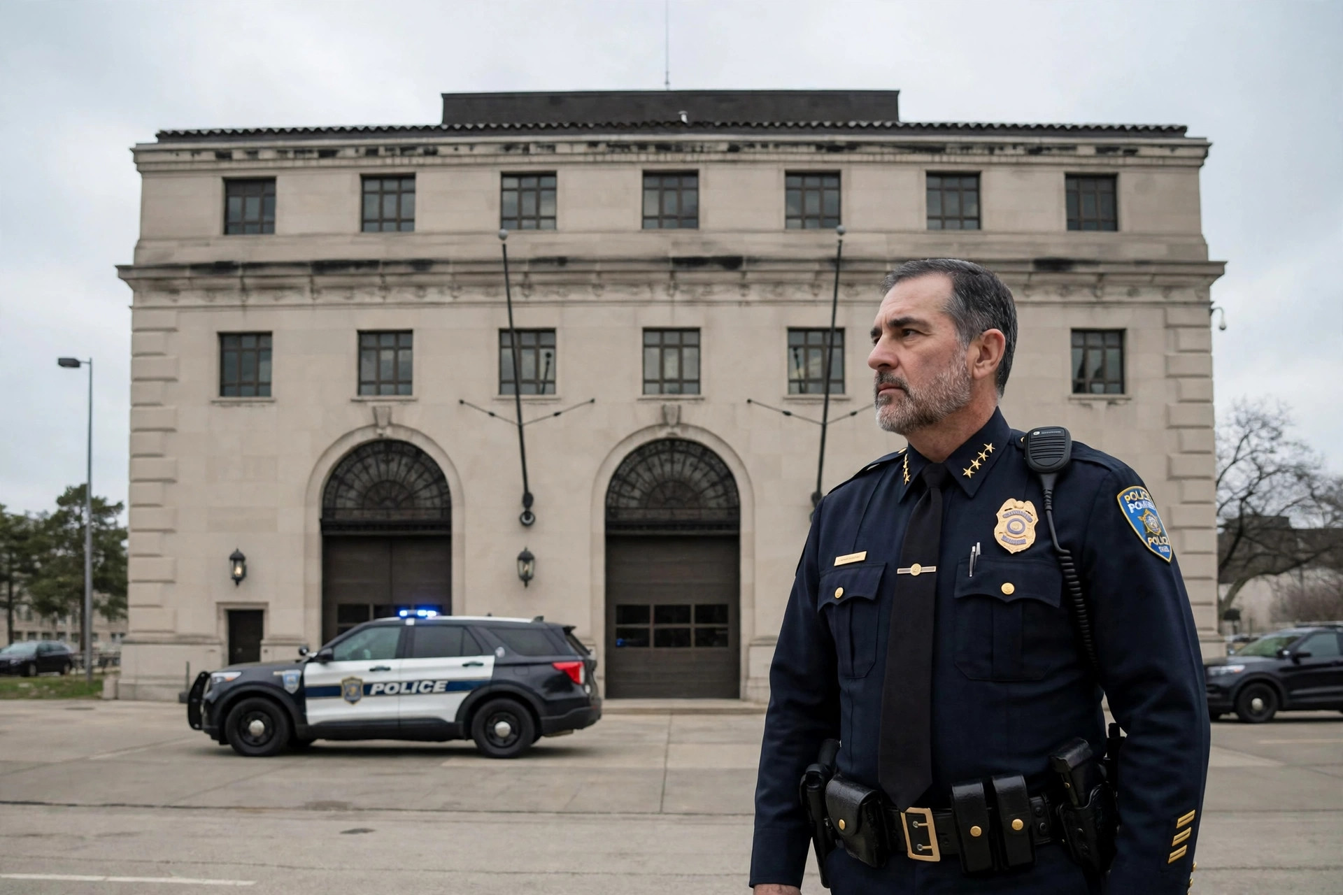 Editorial illustration: a police chief in front of a city police headquarters building