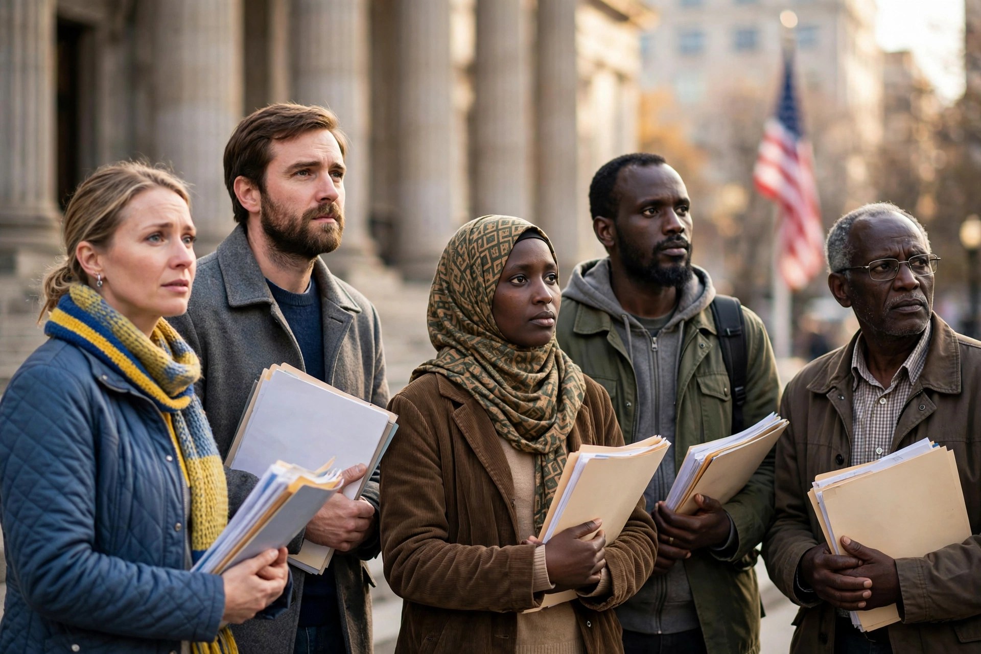 Editorial illustration: immigrants holding documents outside a U.S. government building