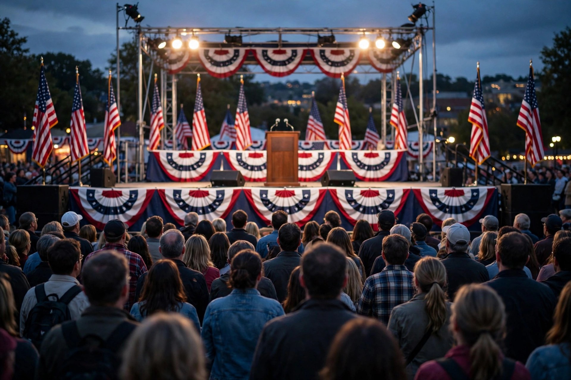 Editorial illustration: an American campaign rally stage with flags and bunting and a crowd seen from behind