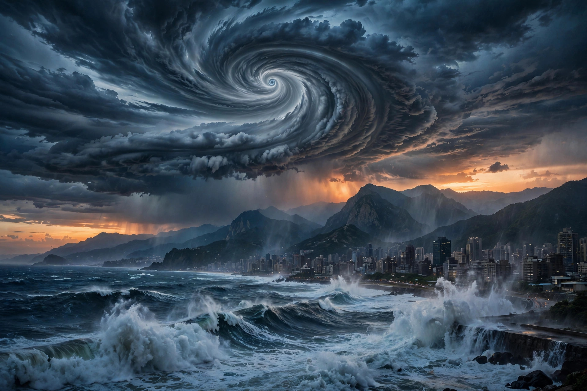Editorial illustration: a massive typhoon vortex with a distinct eye over the Taiwan Strait, giant waves crashing against a coastal city