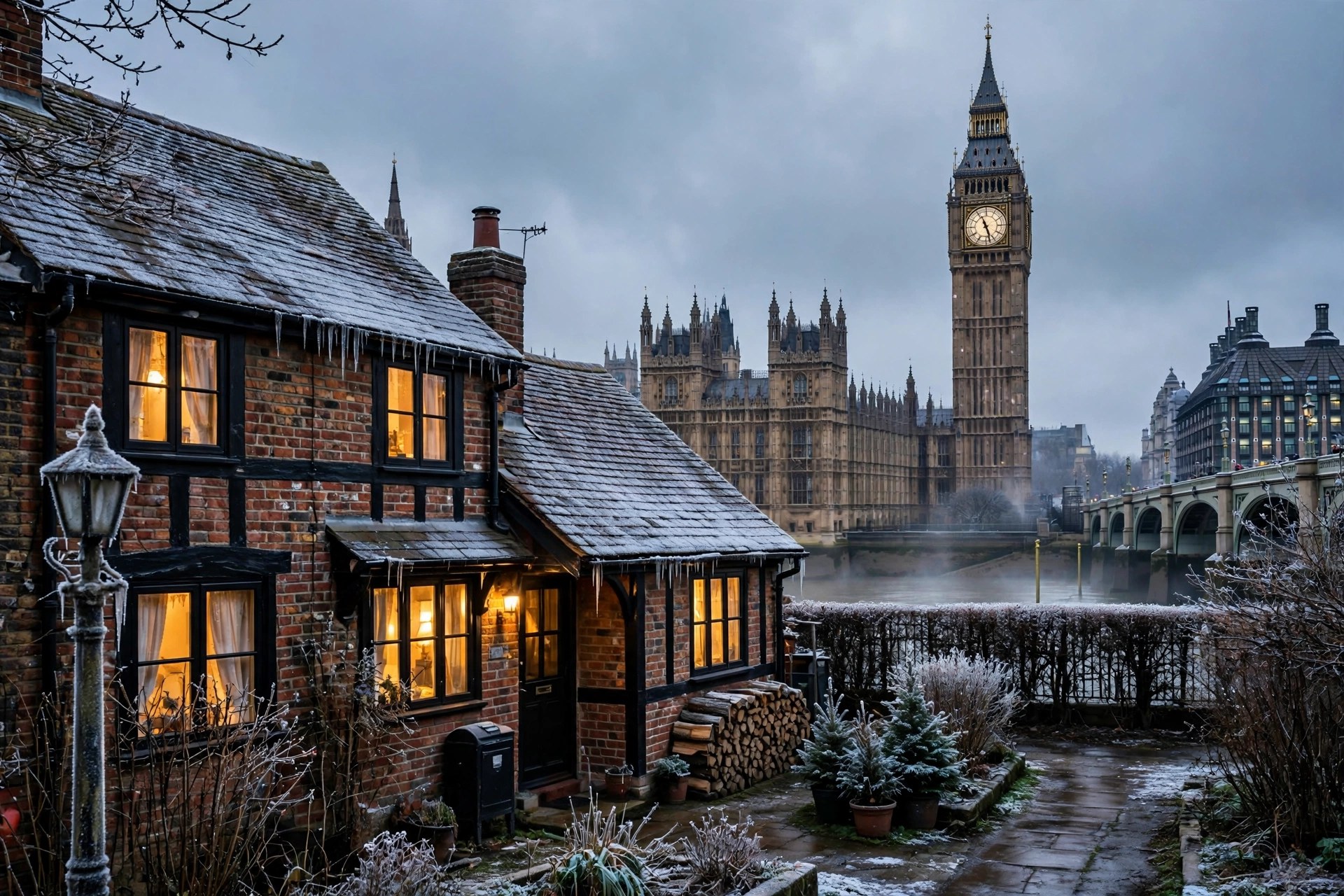 Editorial illustration: the Palace of Westminster in London under a cold winter sky with a warmly lit house in the foreground