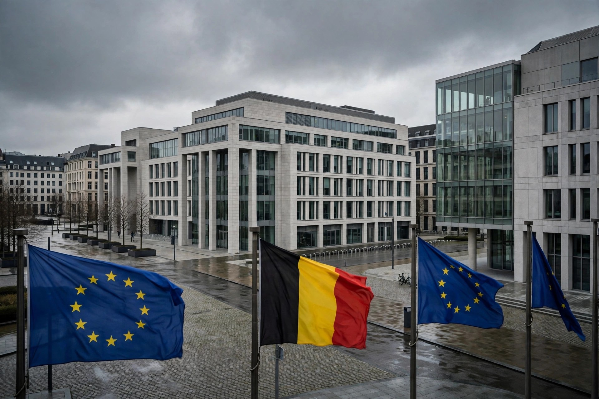 Editorial illustration: modern government buildings in a European capital with flags in the foreground