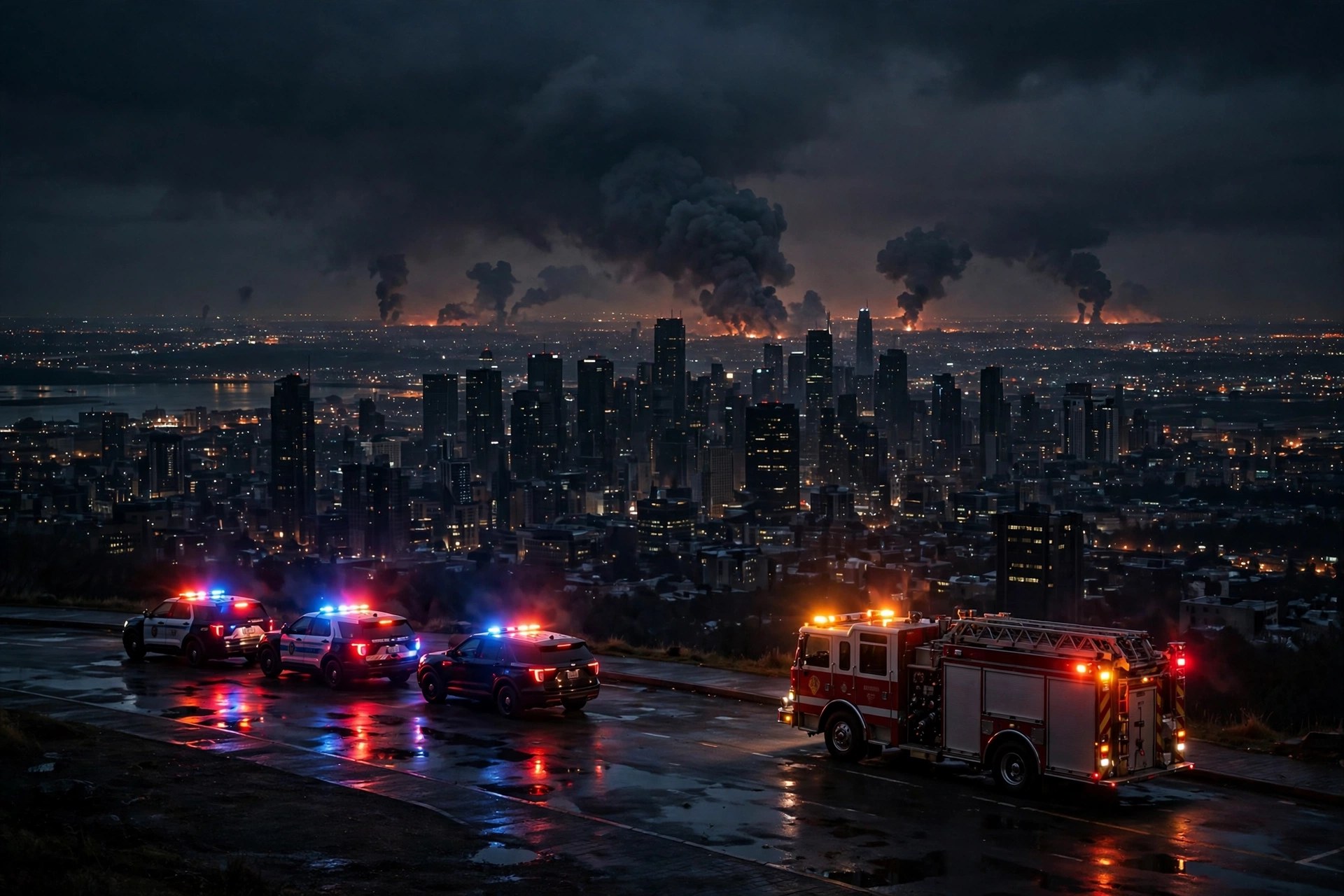 Editorial illustration: a city skyline at night with smoke in the distance