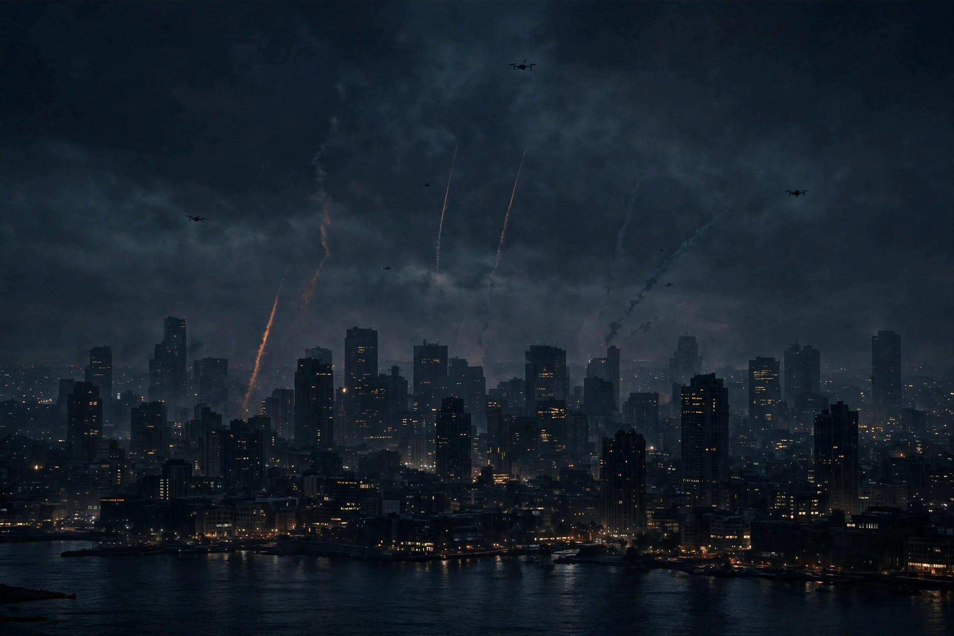 Editorial illustration: a night sky over a city skyline with distant drone silhouettes and faint air defense light trails