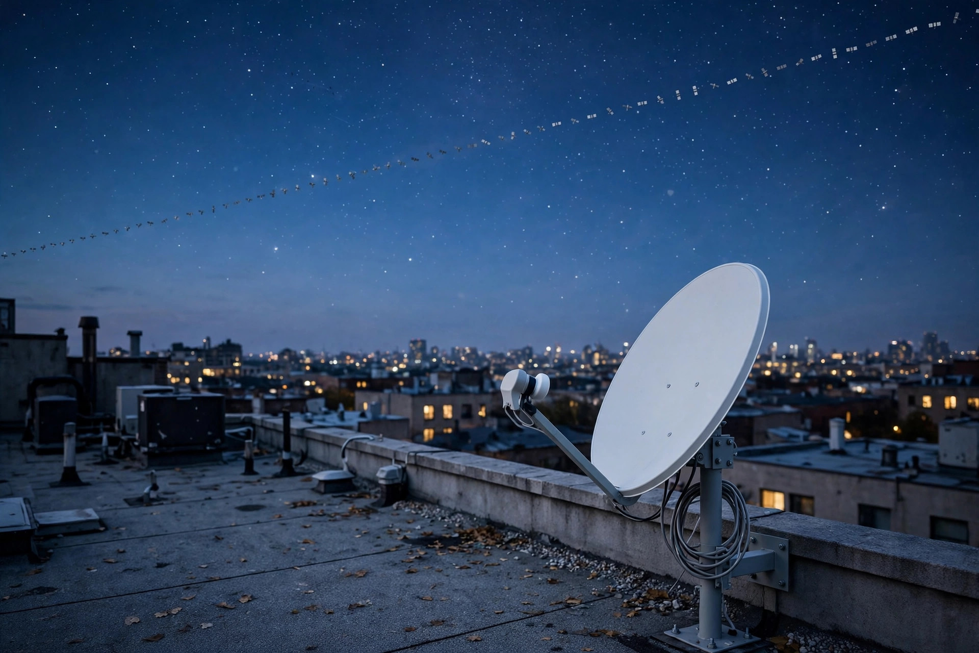 Editorial illustration: a satellite internet dish on a rooftop at dusk with a starry sky and a faint line of satellites overhead