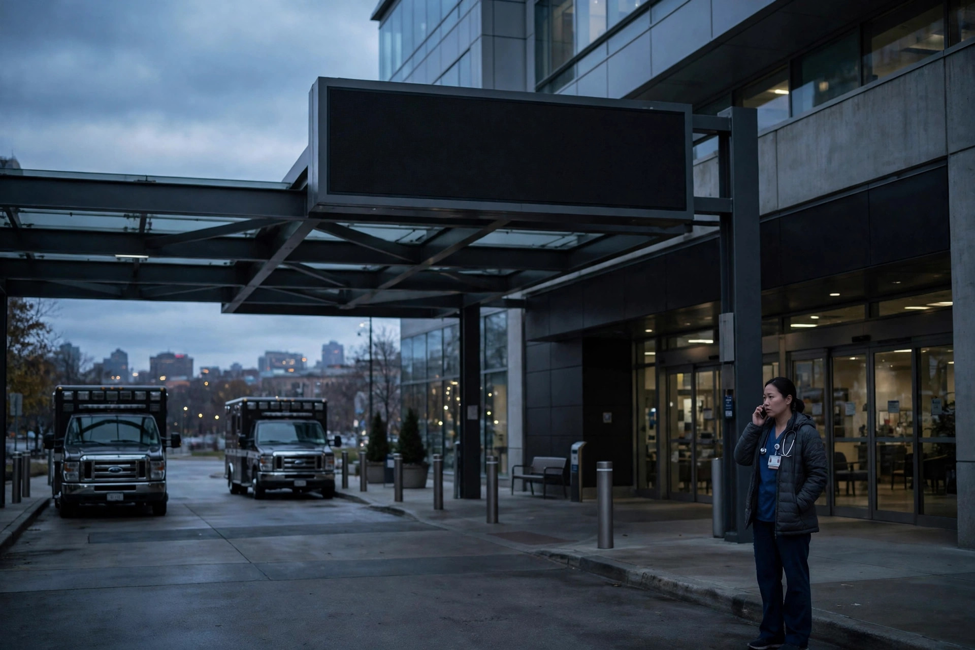 Editorial illustration: a hospital entrance in Cleveland at dusk with a darkened digital sign