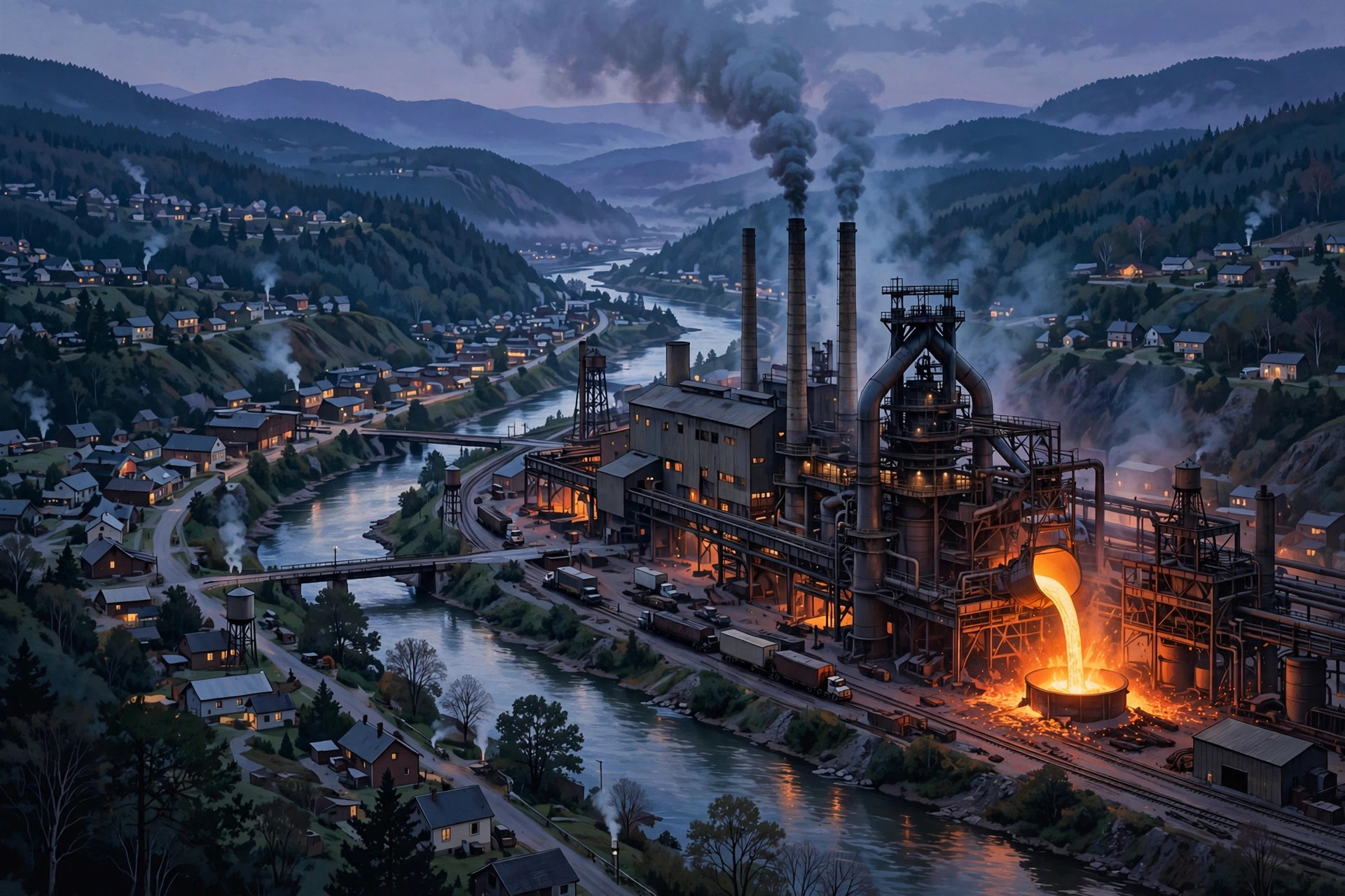 Editorial illustration: a steel mill with glowing molten steel and smokestacks in a river valley town at dusk