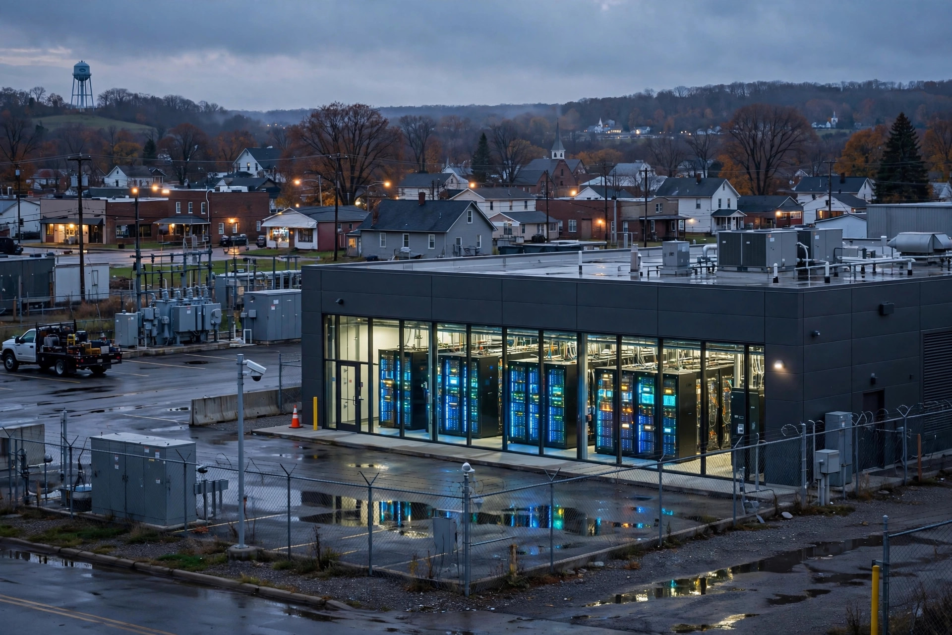 Editorial illustration: a modern data center building at dusk in an Ohio town