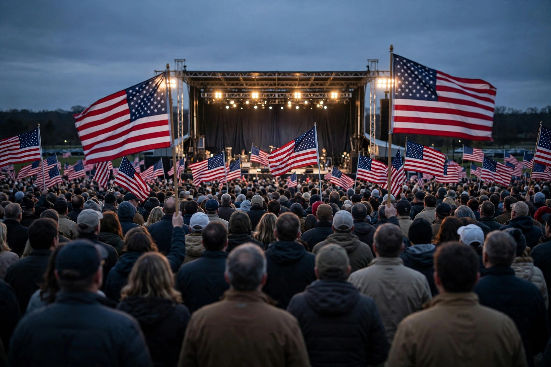 Editorial illustration: a campaign rally crowd with American flags and signs