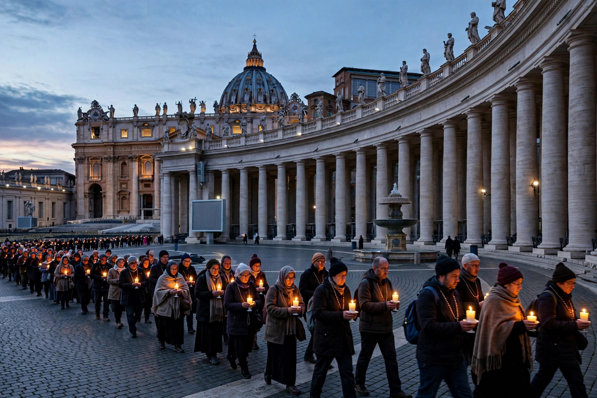Editorial illustration: pilgrims in procession across St. Peter's Square at dusk