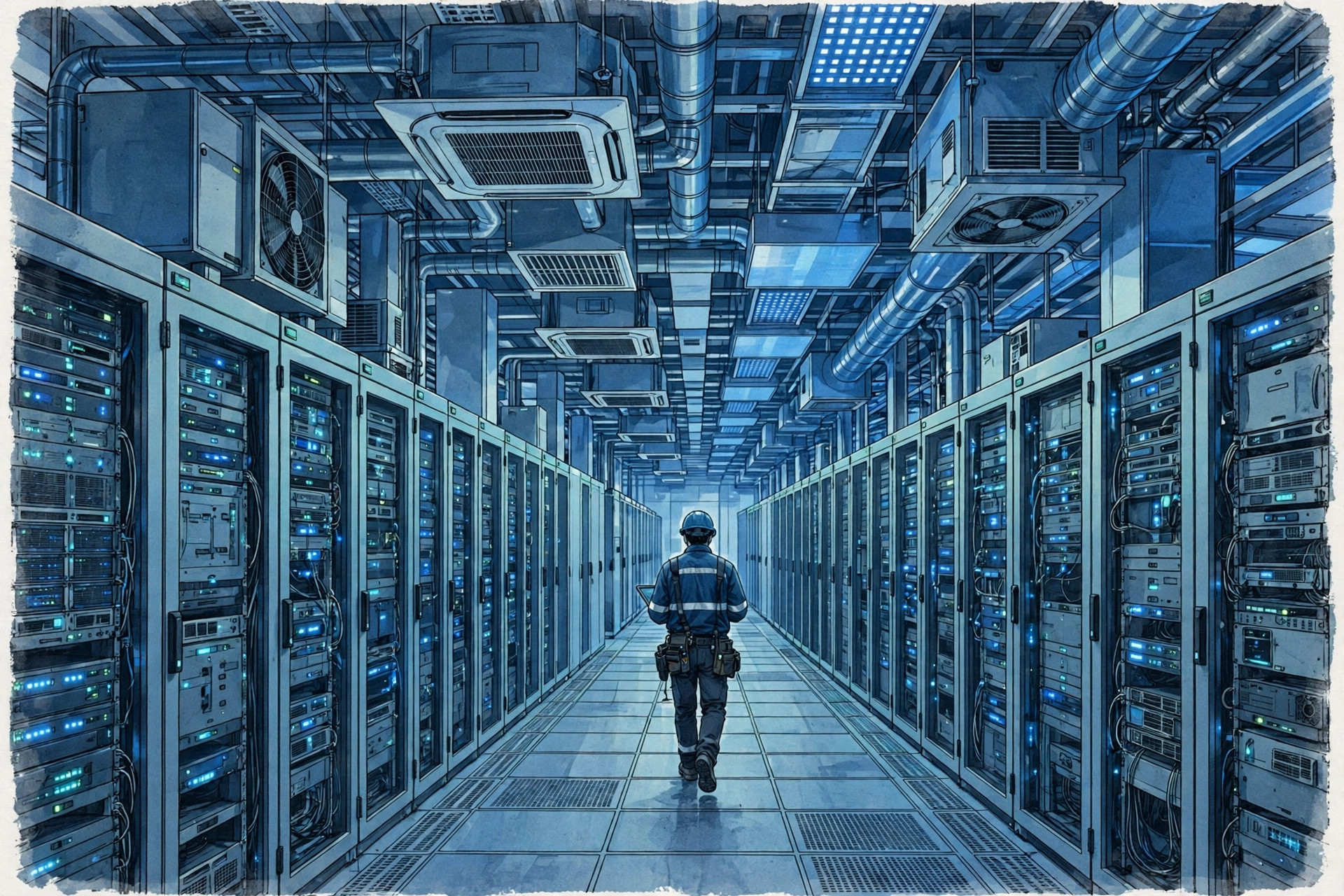 Editorial illustration: a modern data center hall with rows of server racks