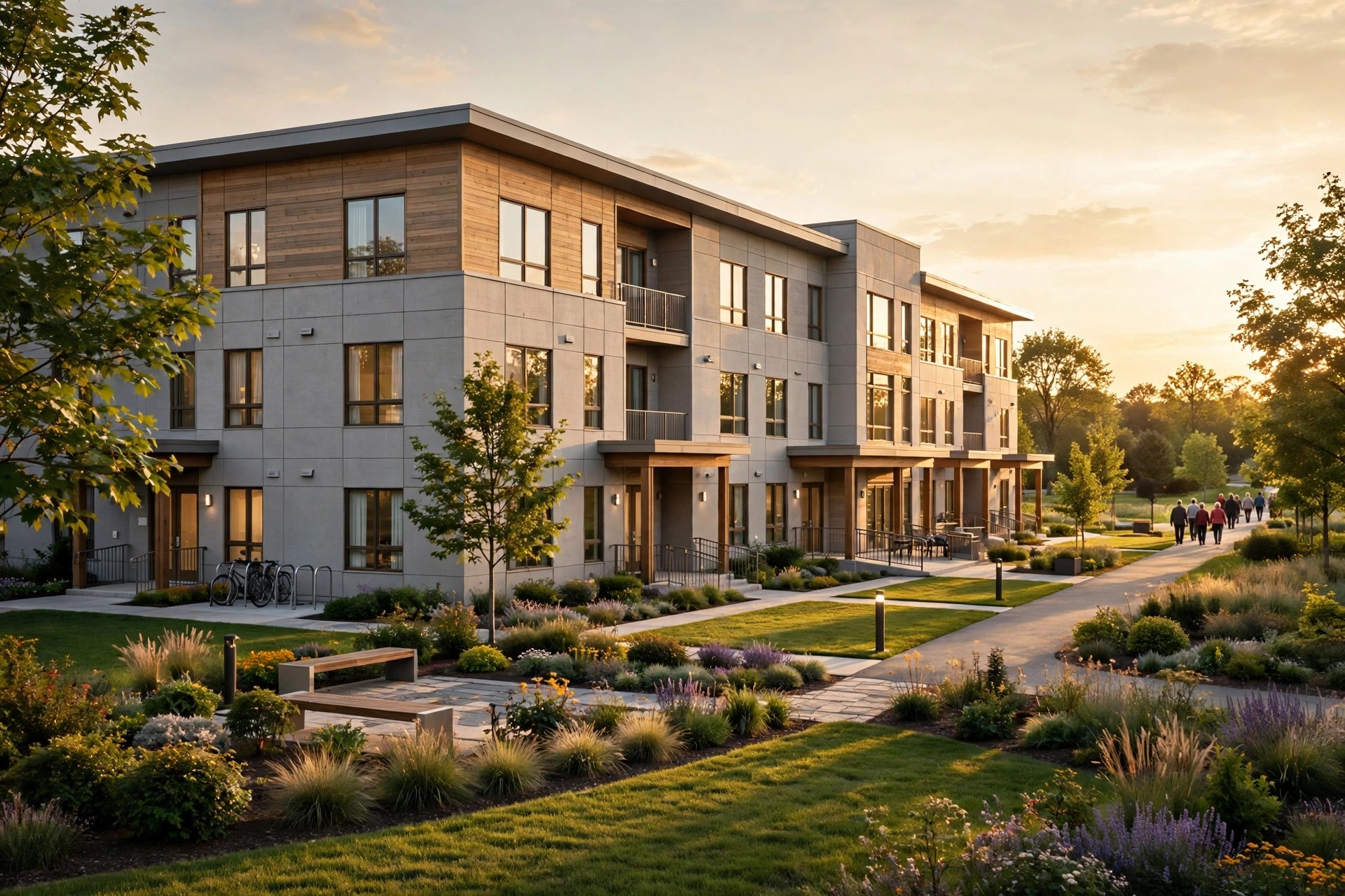 Editorial illustration: a modern senior living apartment building exterior at golden hour